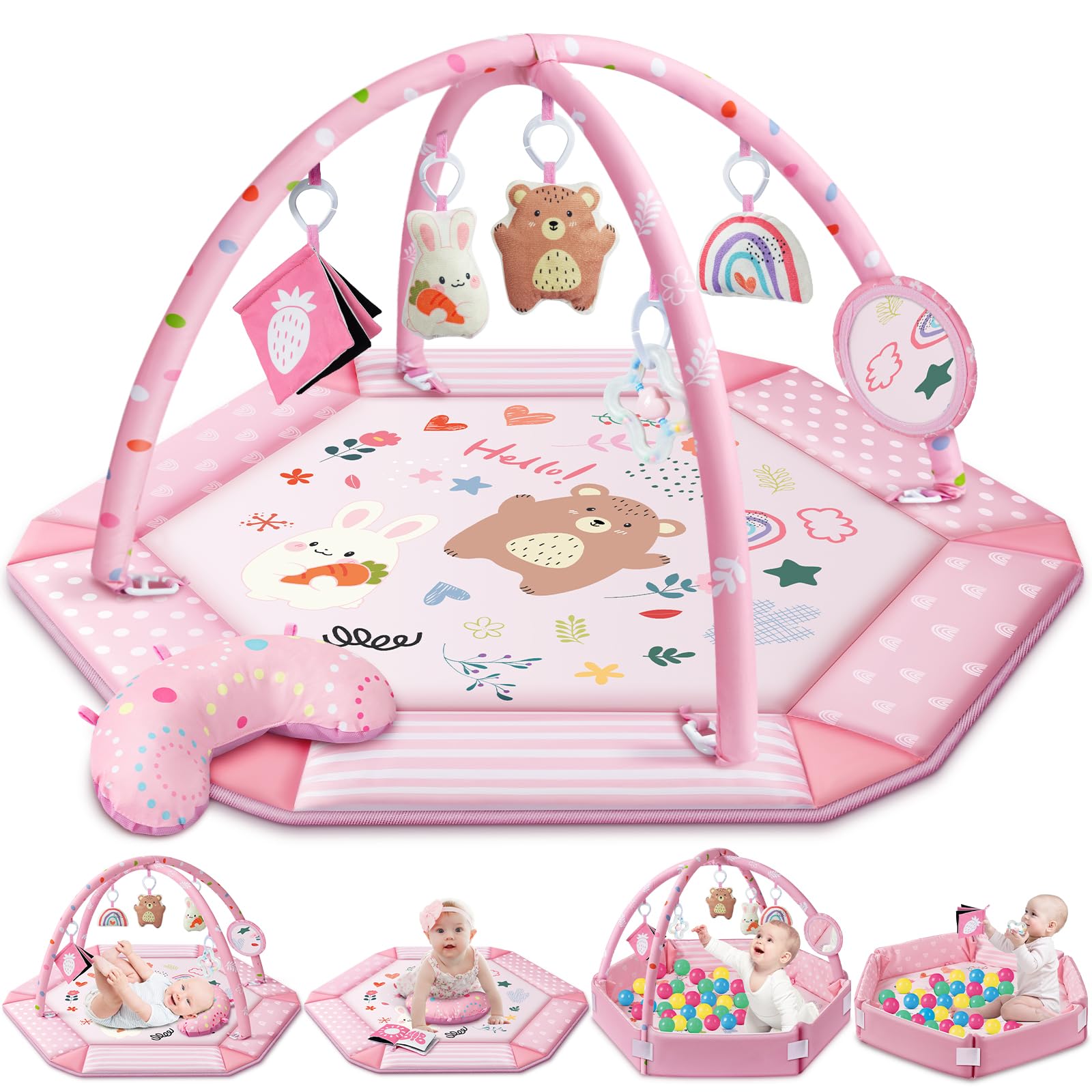 Baby Gym Play Mat, 8-in-1 Tummy Time Mat & Ball Pit with 6 Toys