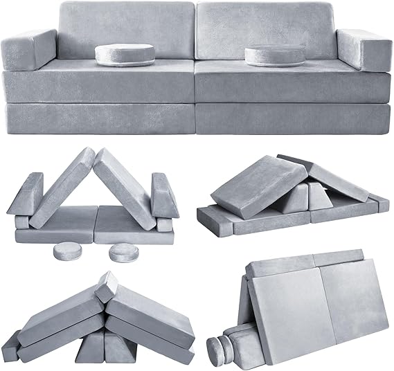 Kids Play Couch, 10 Pcs Toddler Sofa, Foam Modularized Convertible Set for Playroom