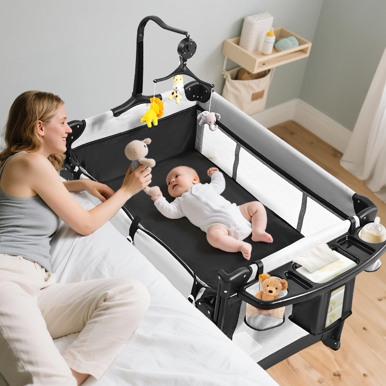 World's First 1-Step Assembly Pack and Play, 5 in 1 Baby Bassinet Bedside Sleeper