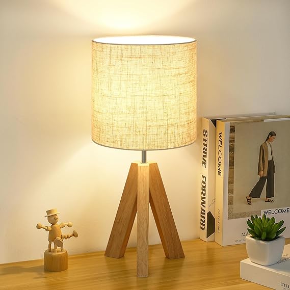 Small Beside Table Lamp, Wood Tripod Table Lamp with White Fabric Shade