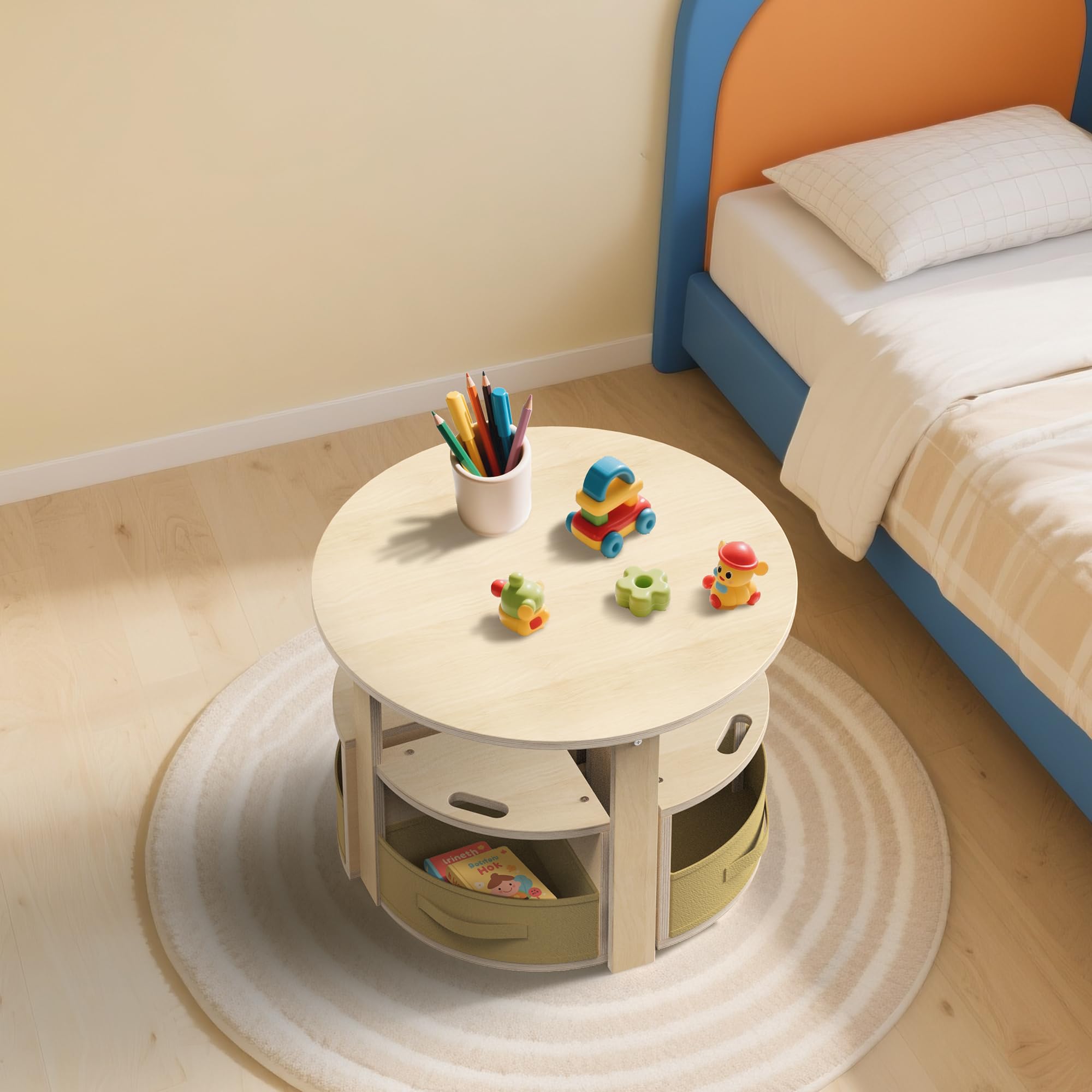 Toddler Table and Chair Set with 4 Storage Stools, Round Shaped Nesting Design