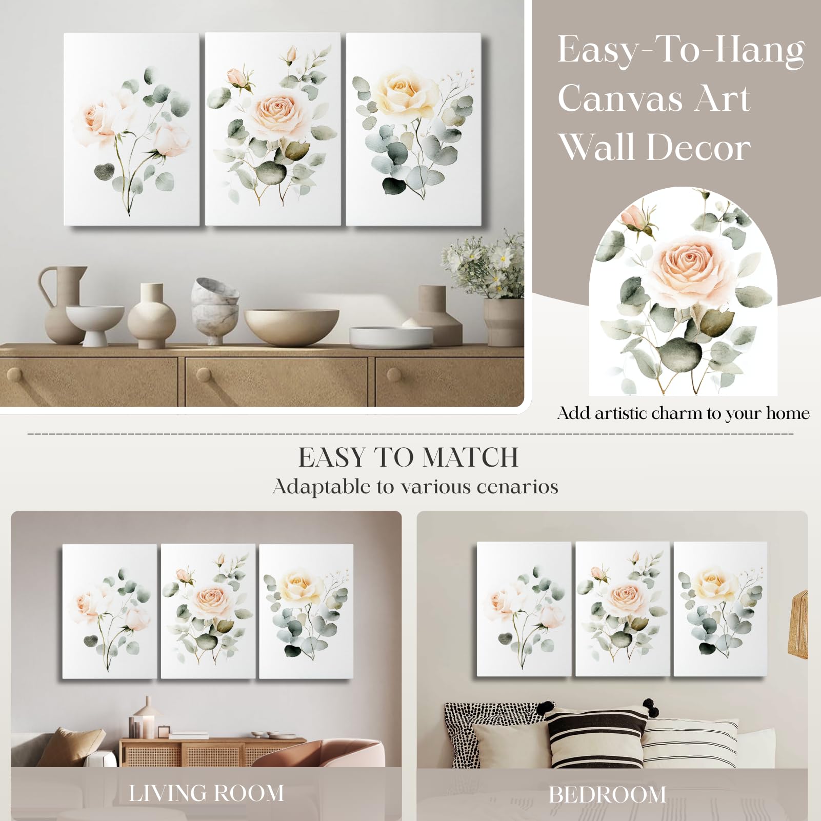 Wildflower Canvas Wall Art Set of 3 Watercolor Floral Prints