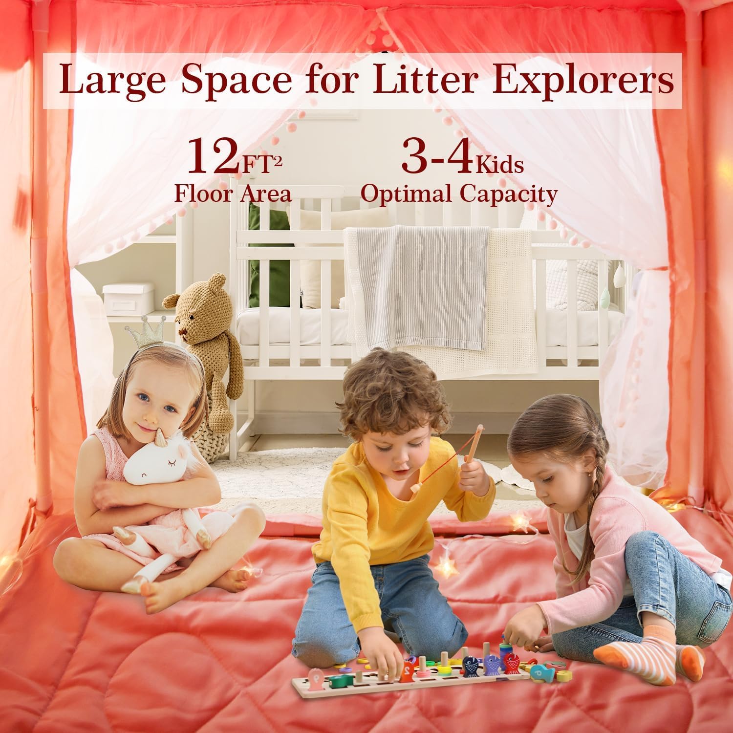 Kids Play Tent with Star Lights and Padded Mat - Light Pink