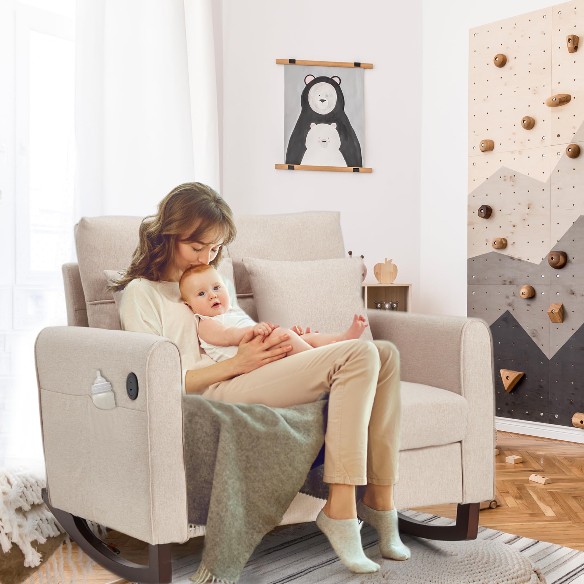 Oversized Rocking Chair with High Back and Side Pockets