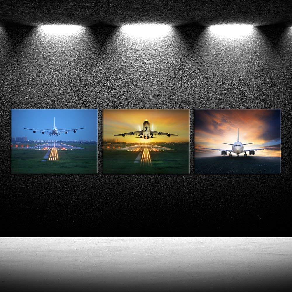 3 Piece Canvas Wall Art Airplane Take Off Pictures Framed