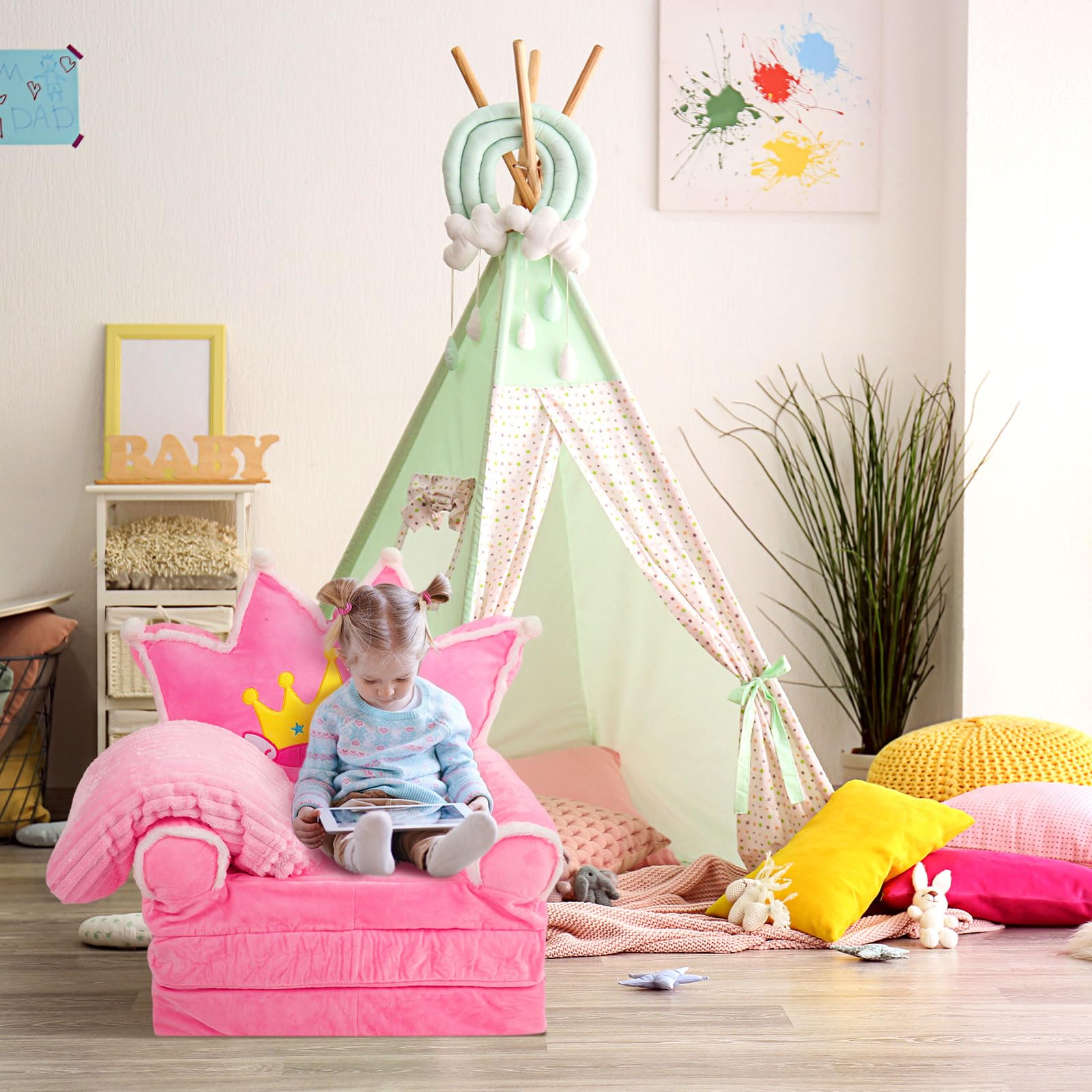 Kids Couch 2 in 1 Toddler Couch Fold Out with Flannel Blanket Set