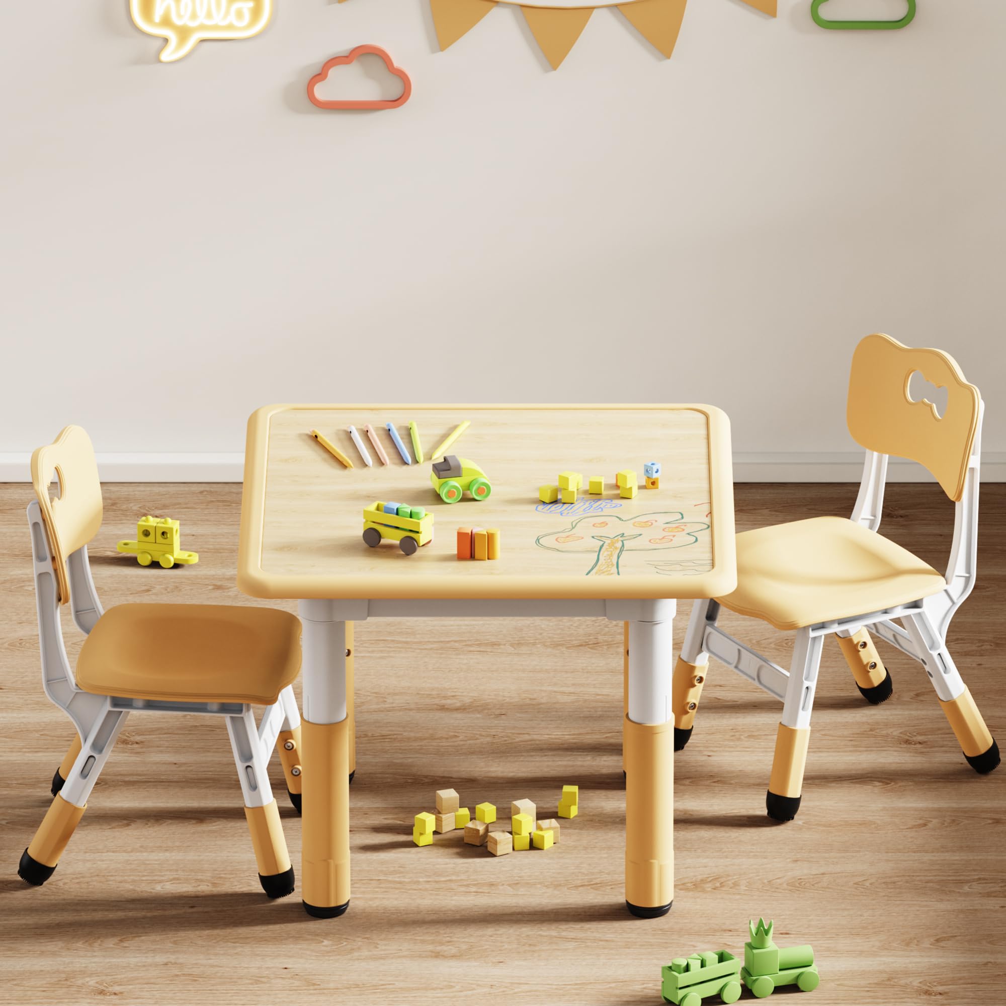 Kids Table and 2 Chairs Set, Height Adjustable Toddler Desk and Chair Set