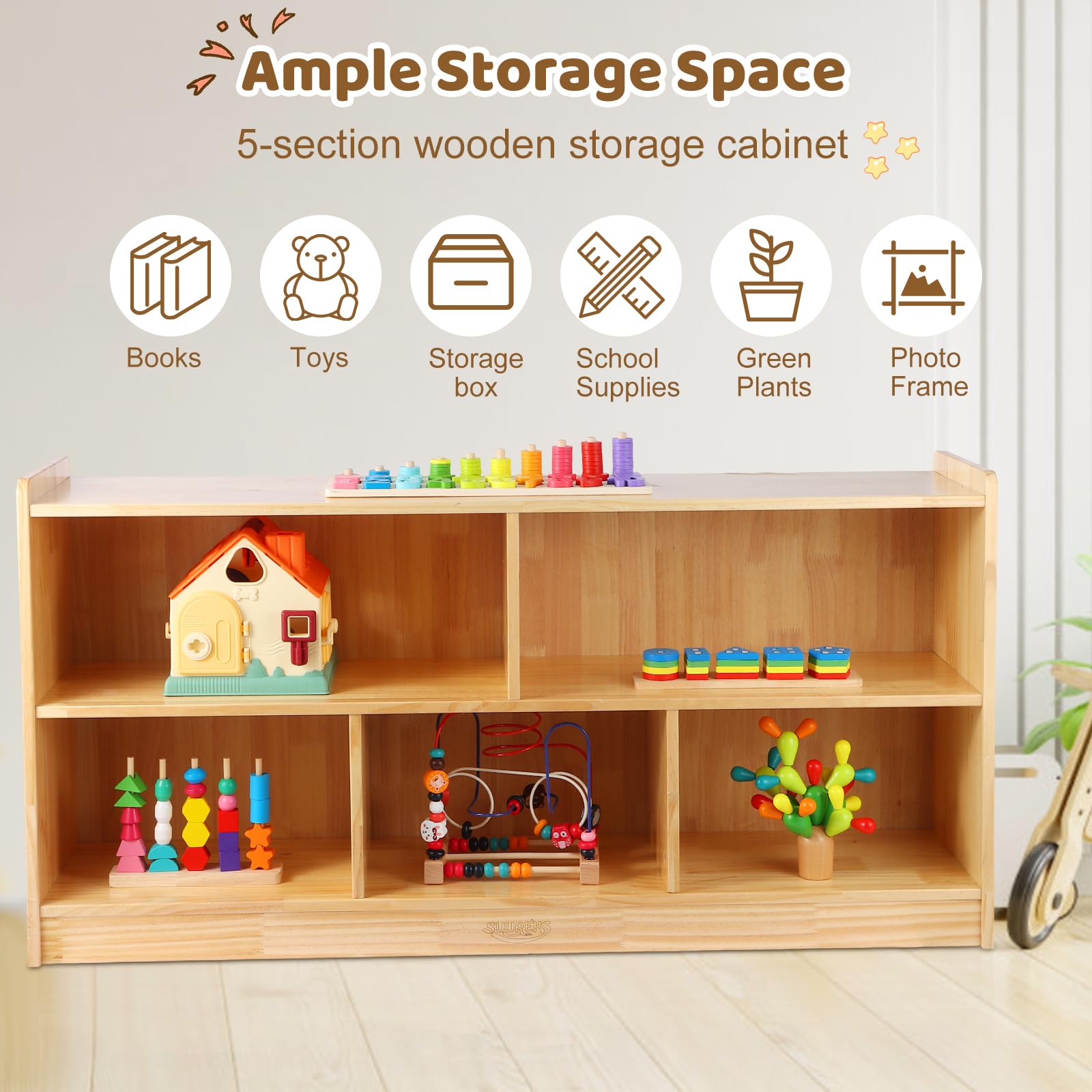 Montessori Wooden Toy Storage Shelf with Bookshelf and Storage Bins