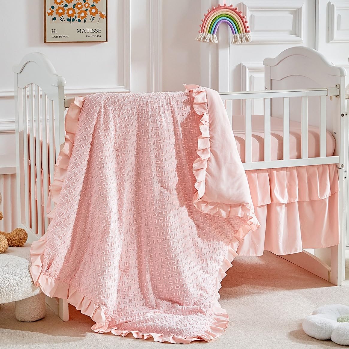 Tufted Crib Bedding Set with Ruffle Fringe - Pink