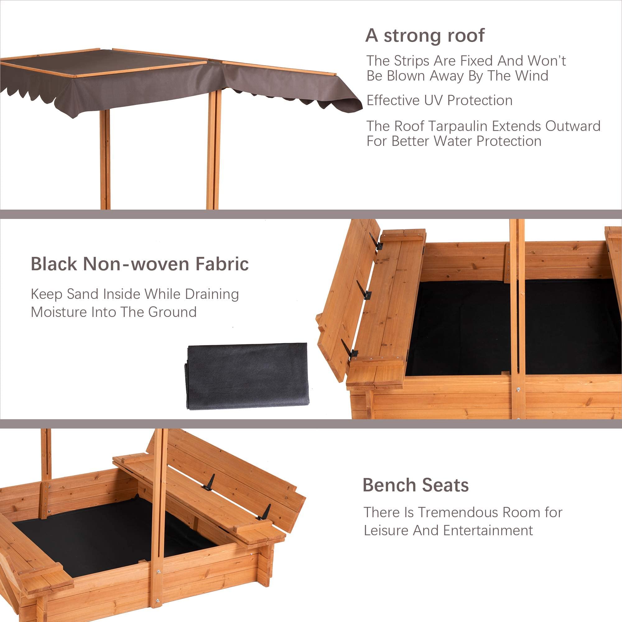 Wooden Sandbox with Canopy Cover and Bench Seats