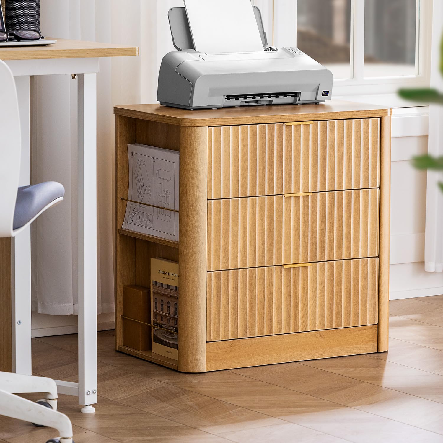 Fluted Nightstand with Charging Station and 3 Drawers