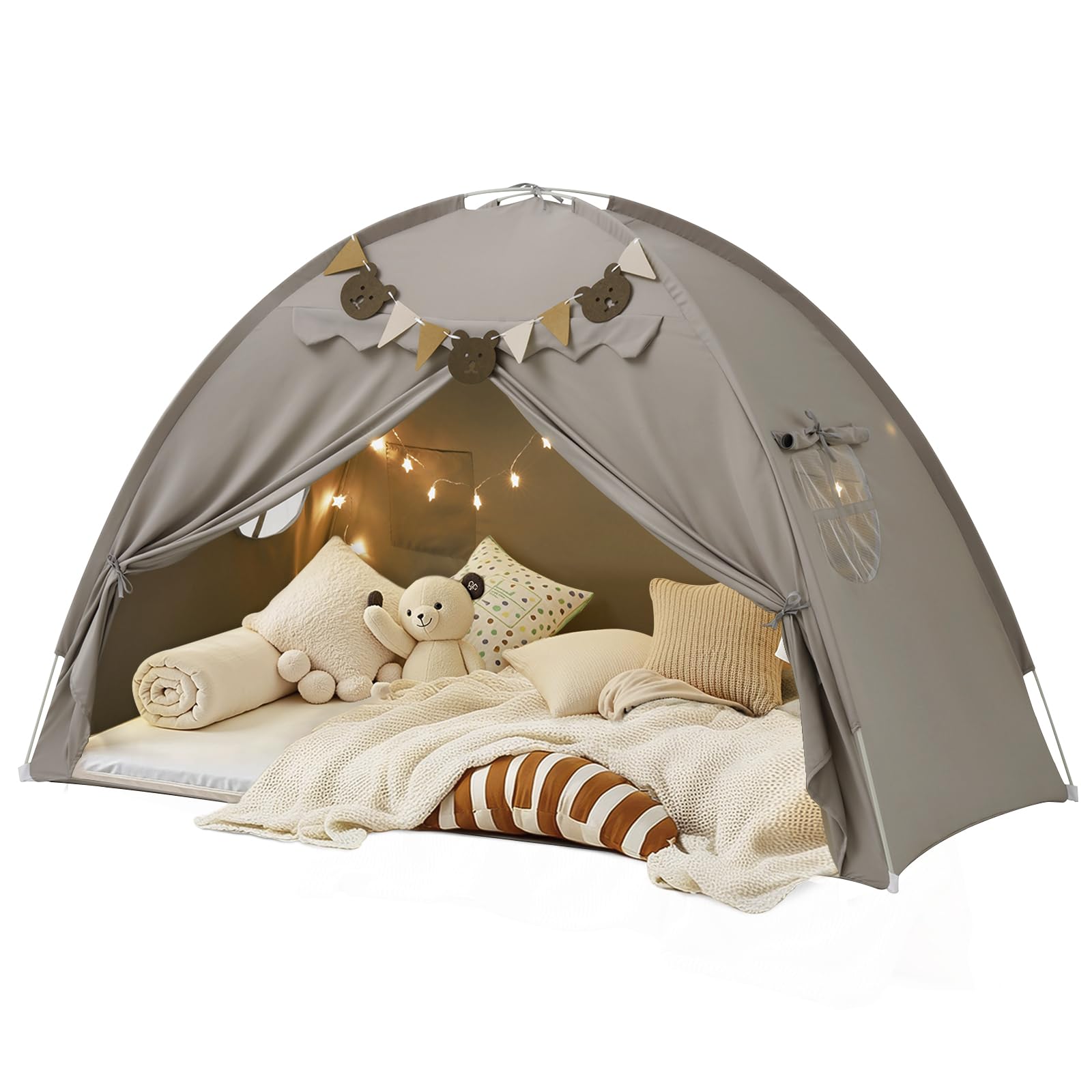Twin Bed Tent, Bed Canopy Bunk Bed Tent with Stars Lights & Flags, Breathable Sleeping Tent, Privacy Space Dream Playhouse for Indoor Bedroom Floor, Portable Foldable Play Tent with Storage Bag, Grey