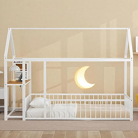 Full Size Metal House Bed, Kids Montessori Floor Bed with Desk