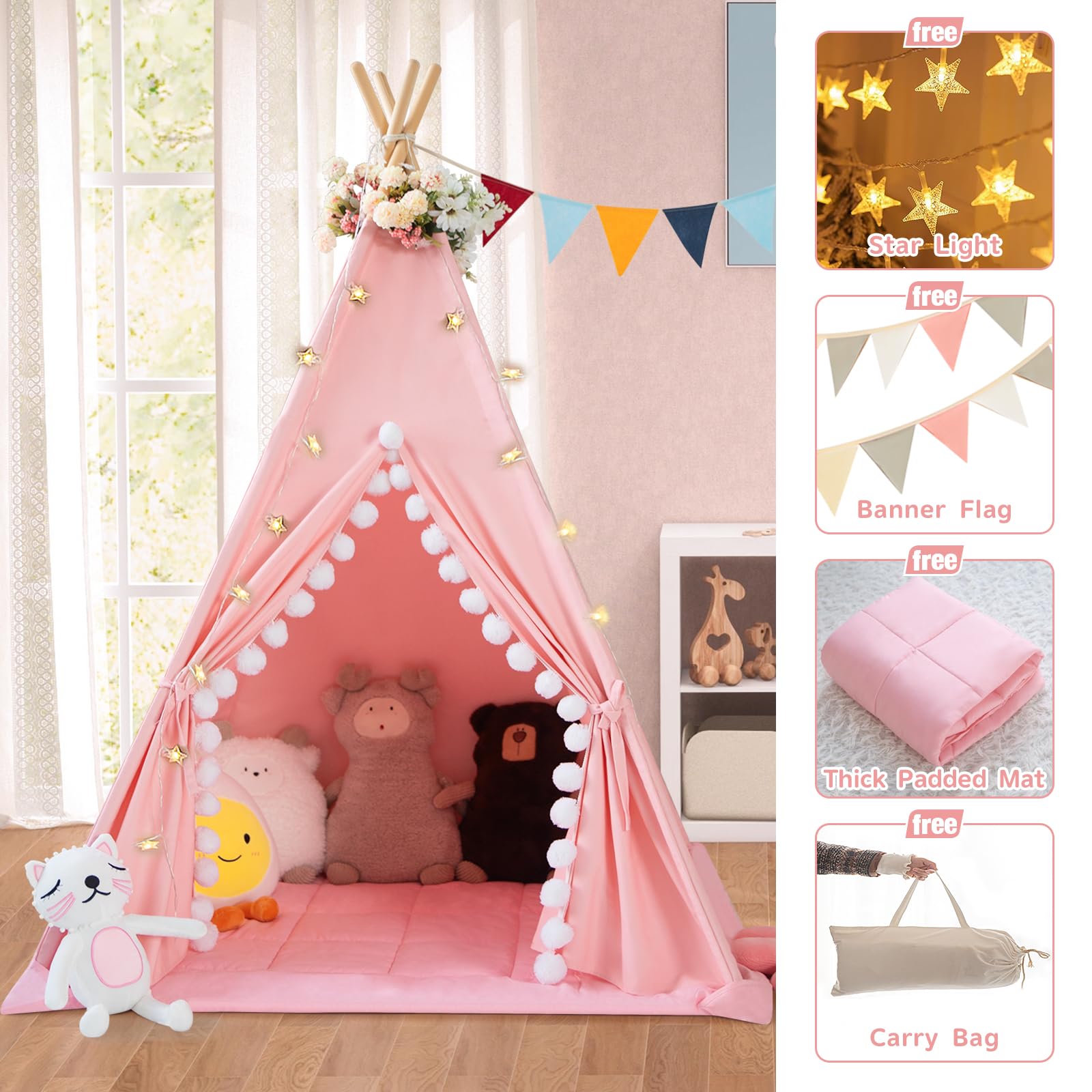 Kids Cotton Canvas Teepee Tent with Padded Mat