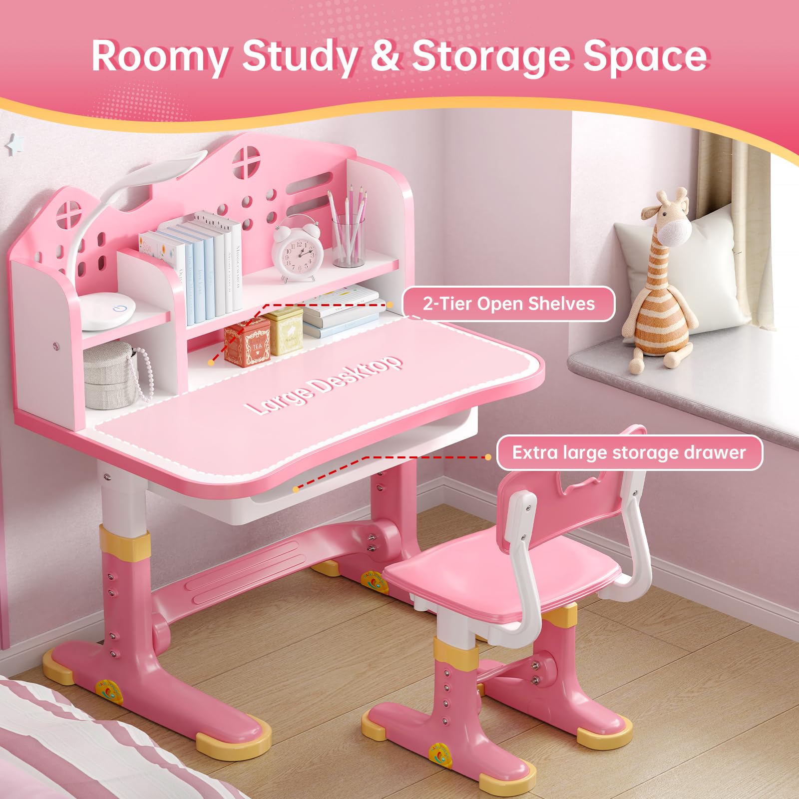 Height Adjustable Kids Desk and Chair Set with Storage