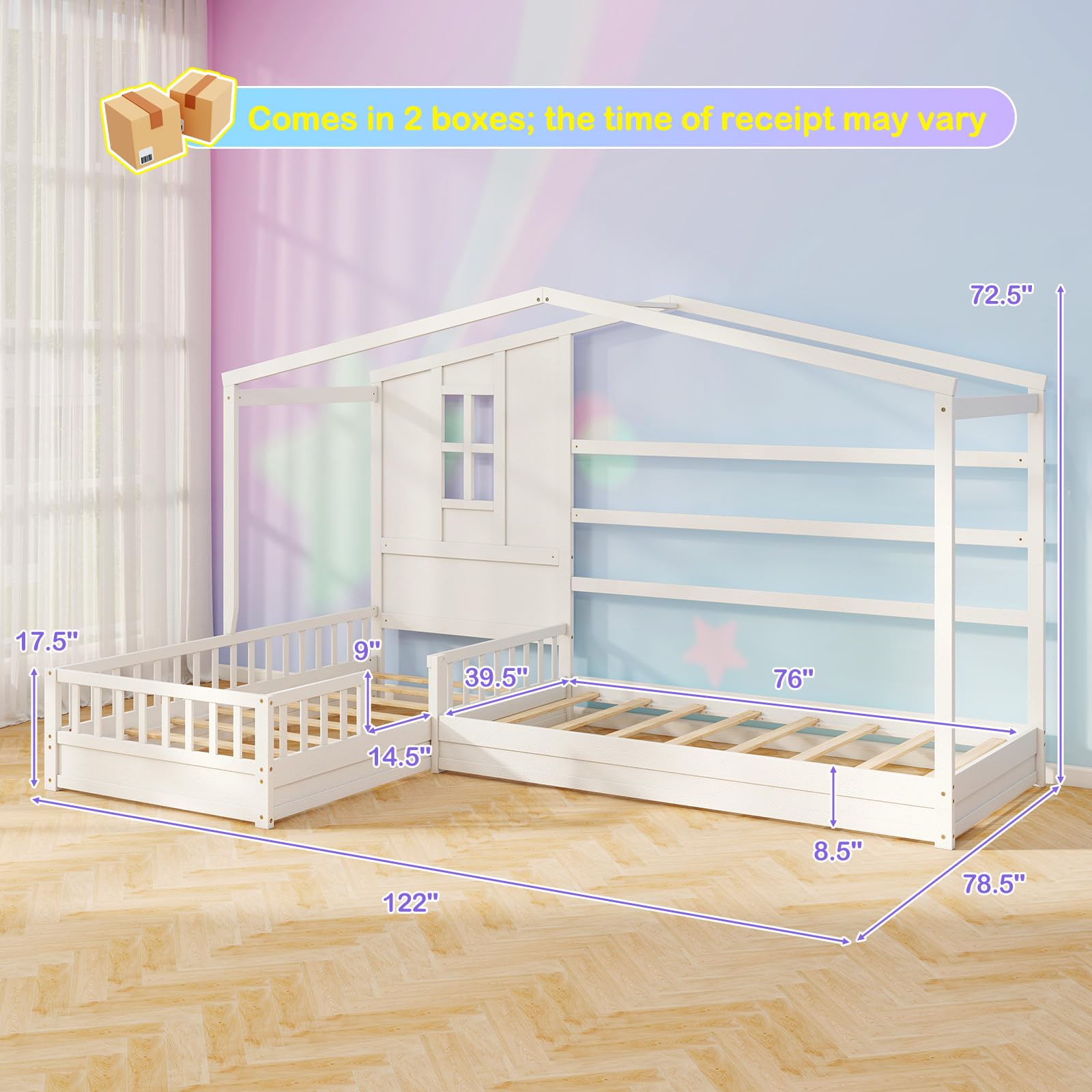 MAT EXPERT L Shaped Twin Beds for 2 Kids, Wooden House Platform Bed w/Window & Roof, Fence & Slats, Corner Montessori Bed Frame for Boys Girls Teens, Dorm Bedroom, No Box Spring Needed (White)