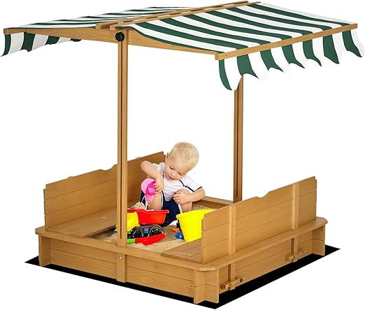Wooden Sandbox with Lid, Kids Sandbox with Canopy Outdoor