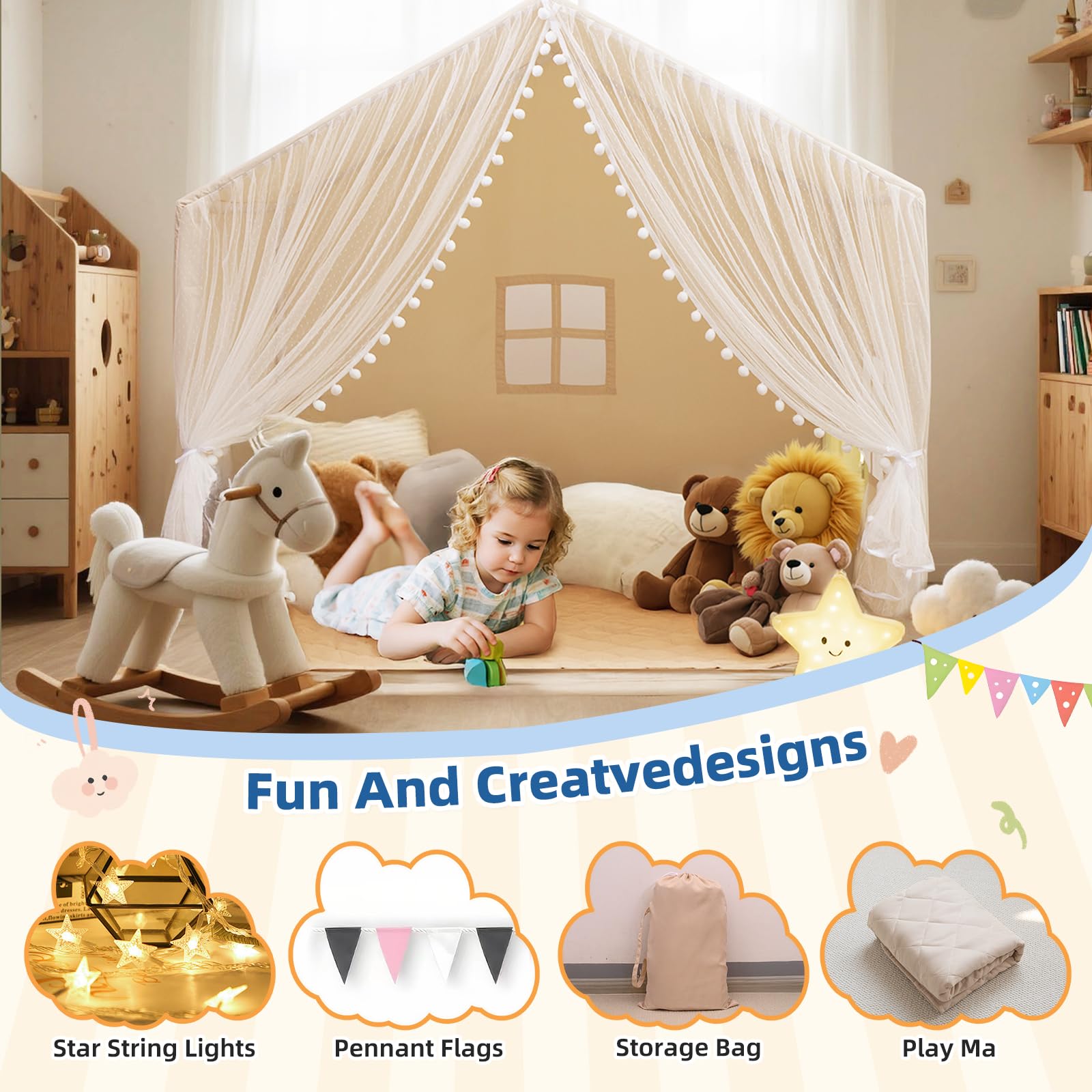 Large Kids Play Tent with Padded Mat and Star Lights
