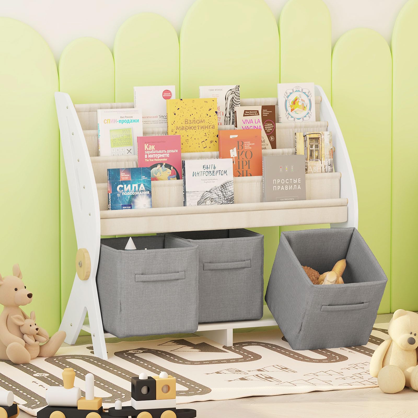 Kids Bookshelf with Drawers，2-in-1 Toddler Bookcase Fabric Cube Storage
