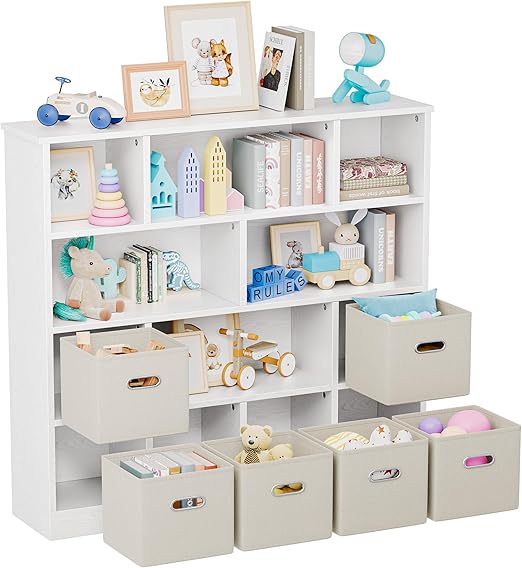 Wooden 12-Cube Storage Organizer Shelf with 6 Bins, 3-Tier Open Bookcase