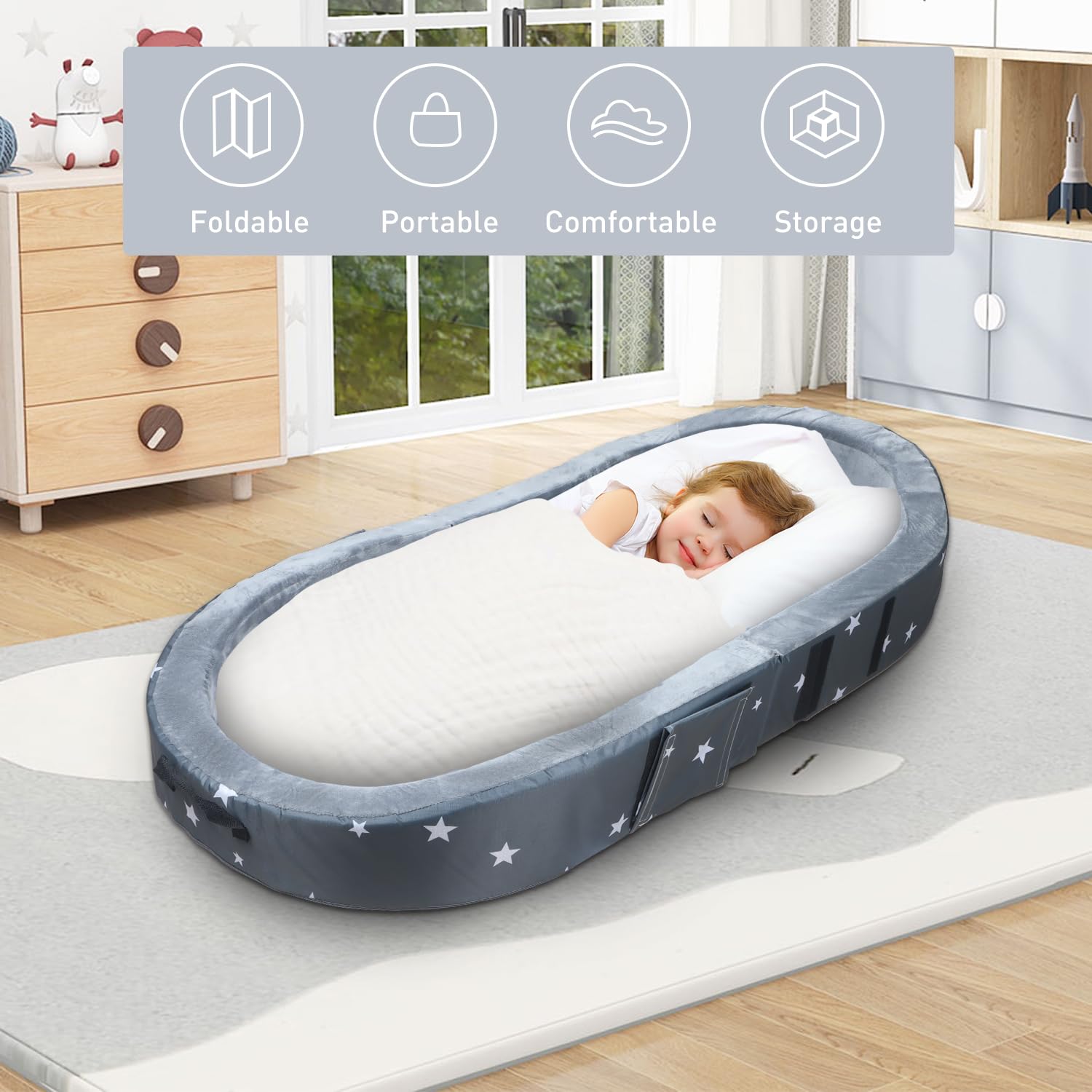 2in1 Portable Toddler Floor Bed, Foldable Toddler Travel Bed