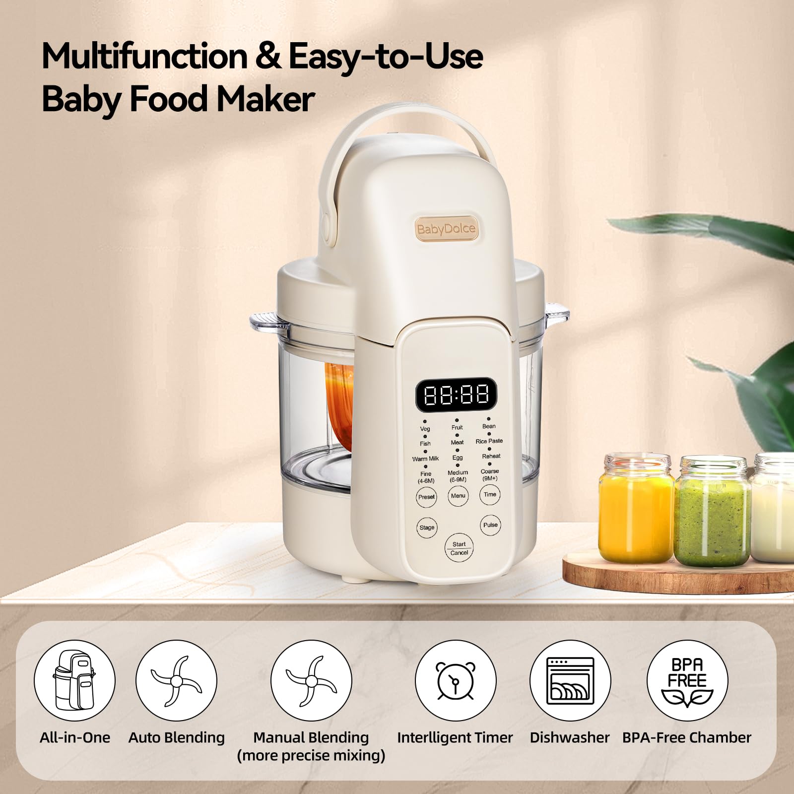 Baby Dolce Baby Food Maker, 9 in 1 Glass Baby Food Processor Steamer Puree Blender with 6 Blades, One Step Cook Grinding, Touch Screen Control, Multifunctional Blender with 24h Timer, Dishwasher Safe