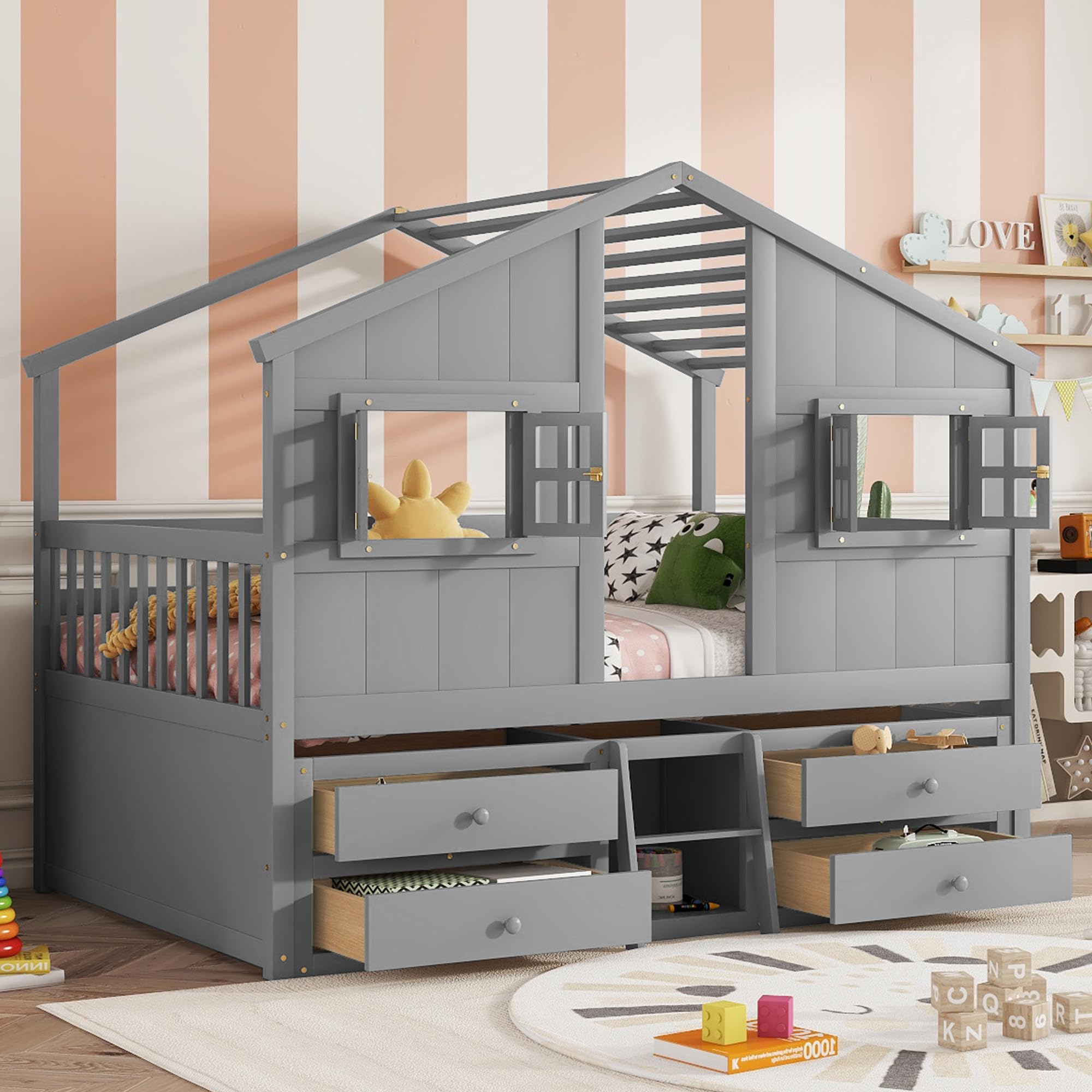 Full Size House-Shaped Loft Bed with Storage Drawers and Roof
