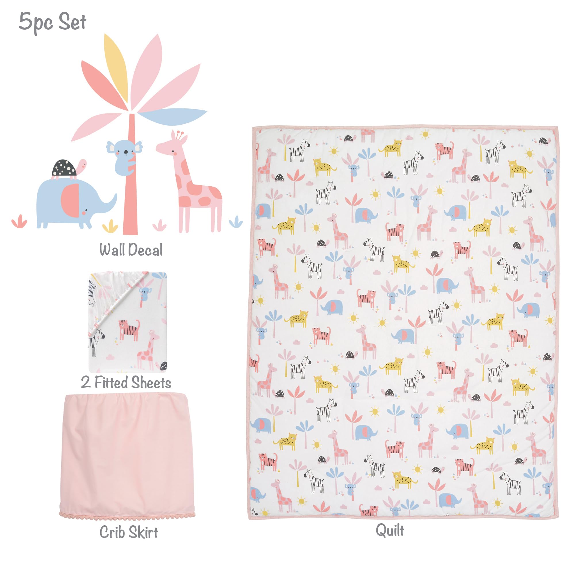 5-Piece Crib Bedding Set - Pastel Safari Animals