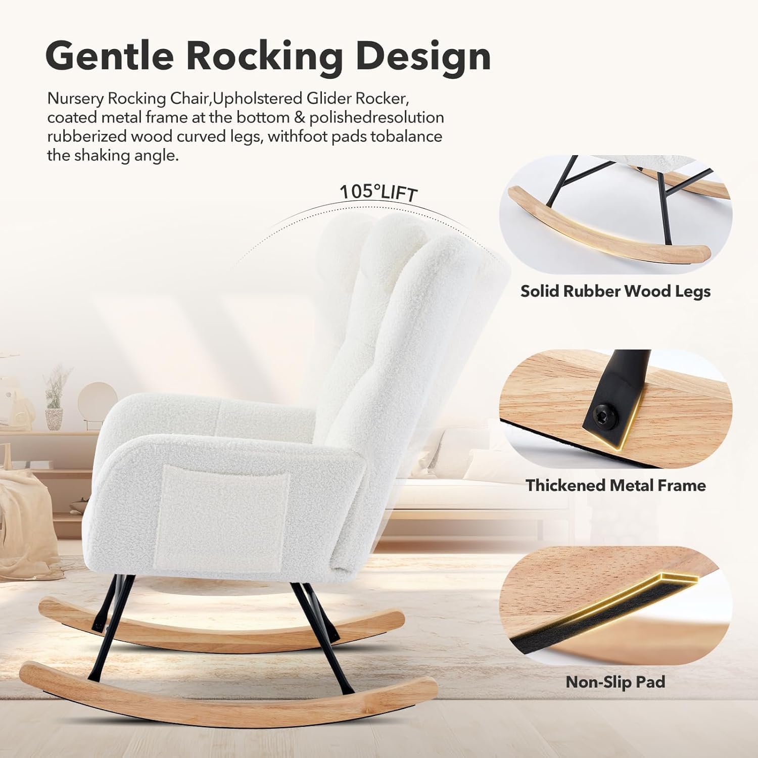 Upholstered Nursery Rocking Chair with High Back and Side Pocket