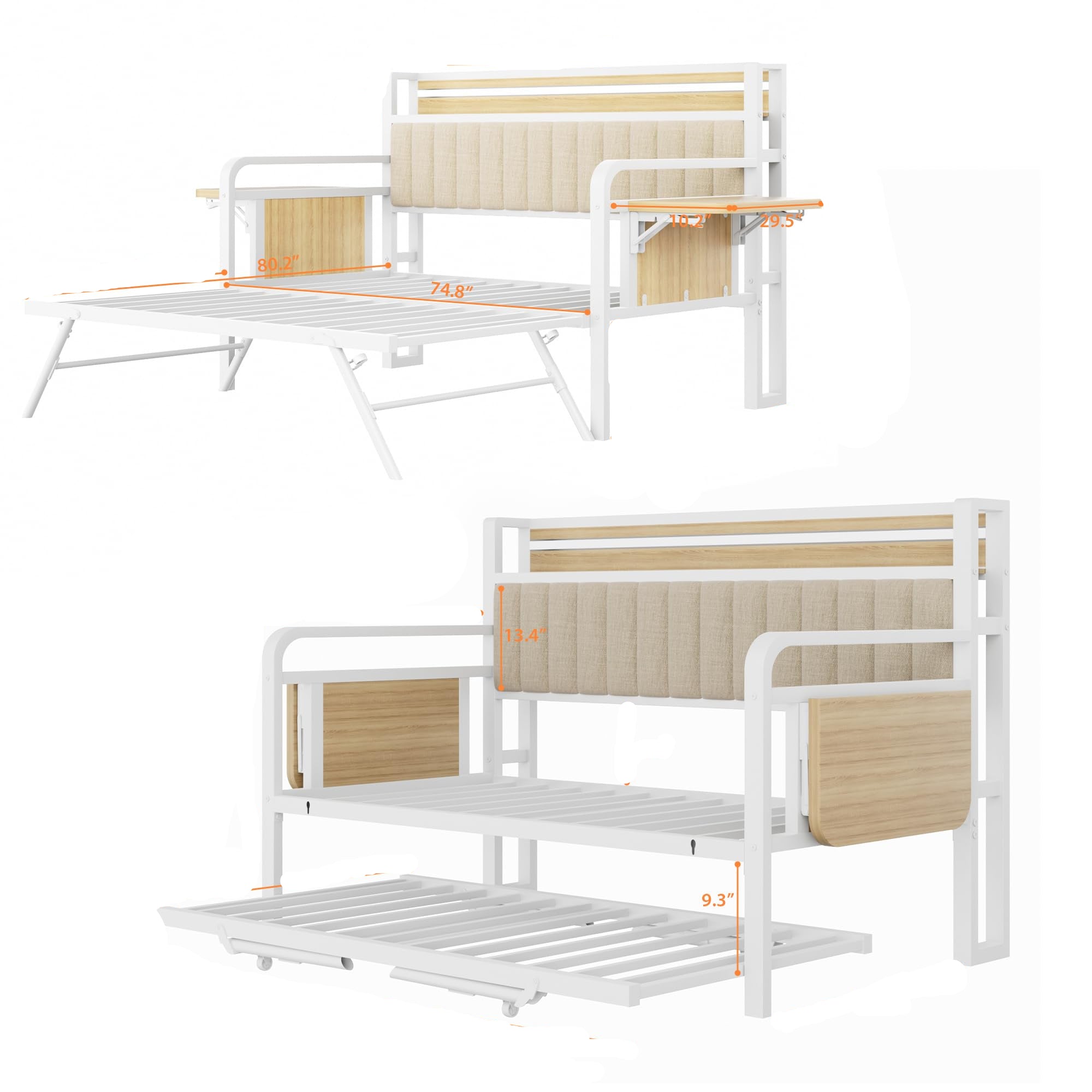 Trundle and LED Light, Heavy Duty Metal Twin Bed Frame