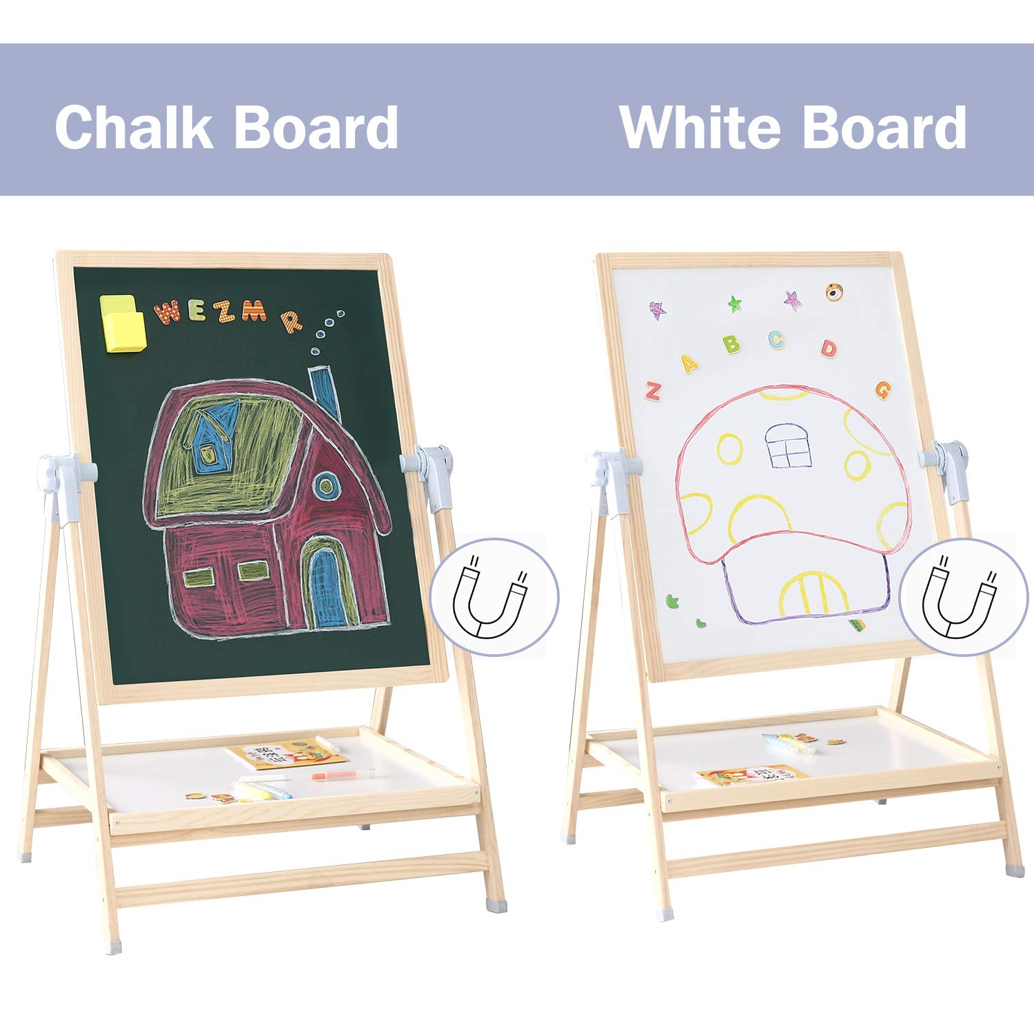 QZMTOY Kids Art Easel, Deluxe Standing Easel Set, Adjustable Art Table, Dry Erase Board&Chalkboard Double Sided Stand, 360°Rotating Drawing Easels with Art Supplies, Adjust Height 28-39in