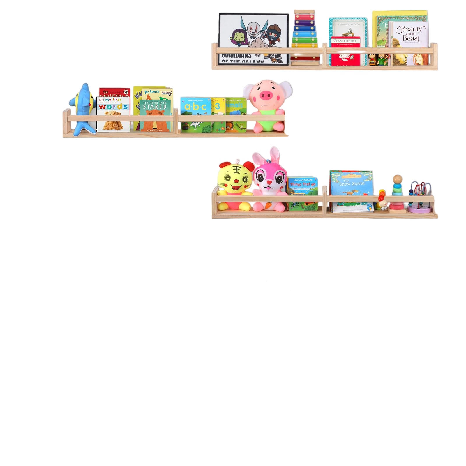 Book Shelves for Wall Set of 3，Natural Wood Wall Bookshelves