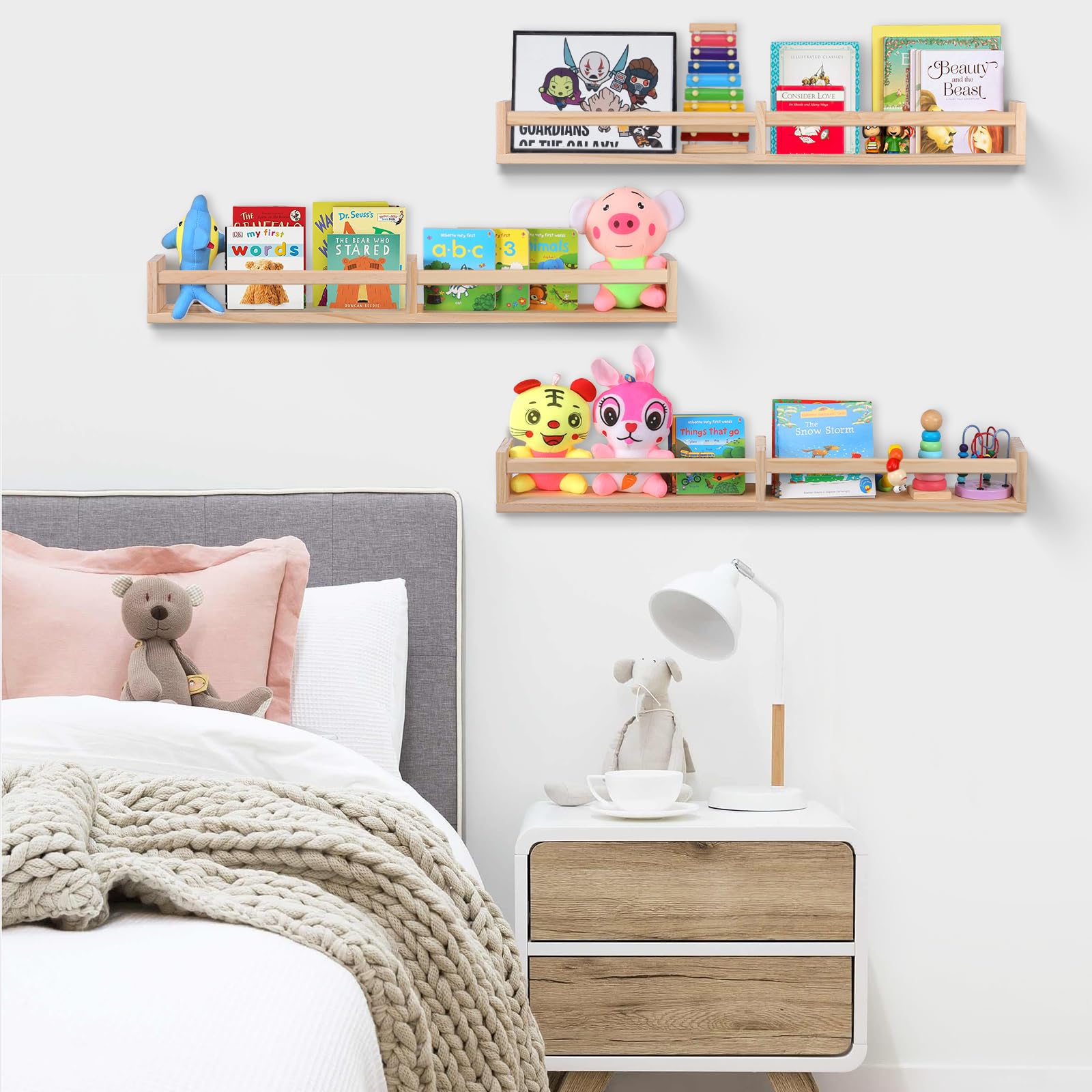 Wall Mounted Nursery Bookshelf Set of 3 Natural Wood
