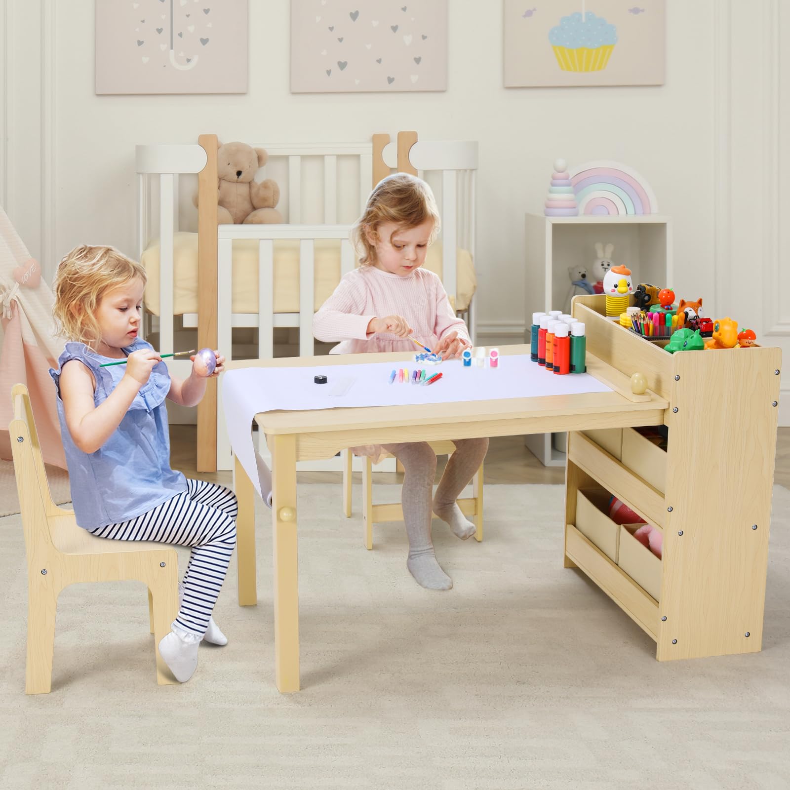 Kids Art Table and 2 Chairs, Toddler Craft Drawing Desk with Large Storage
