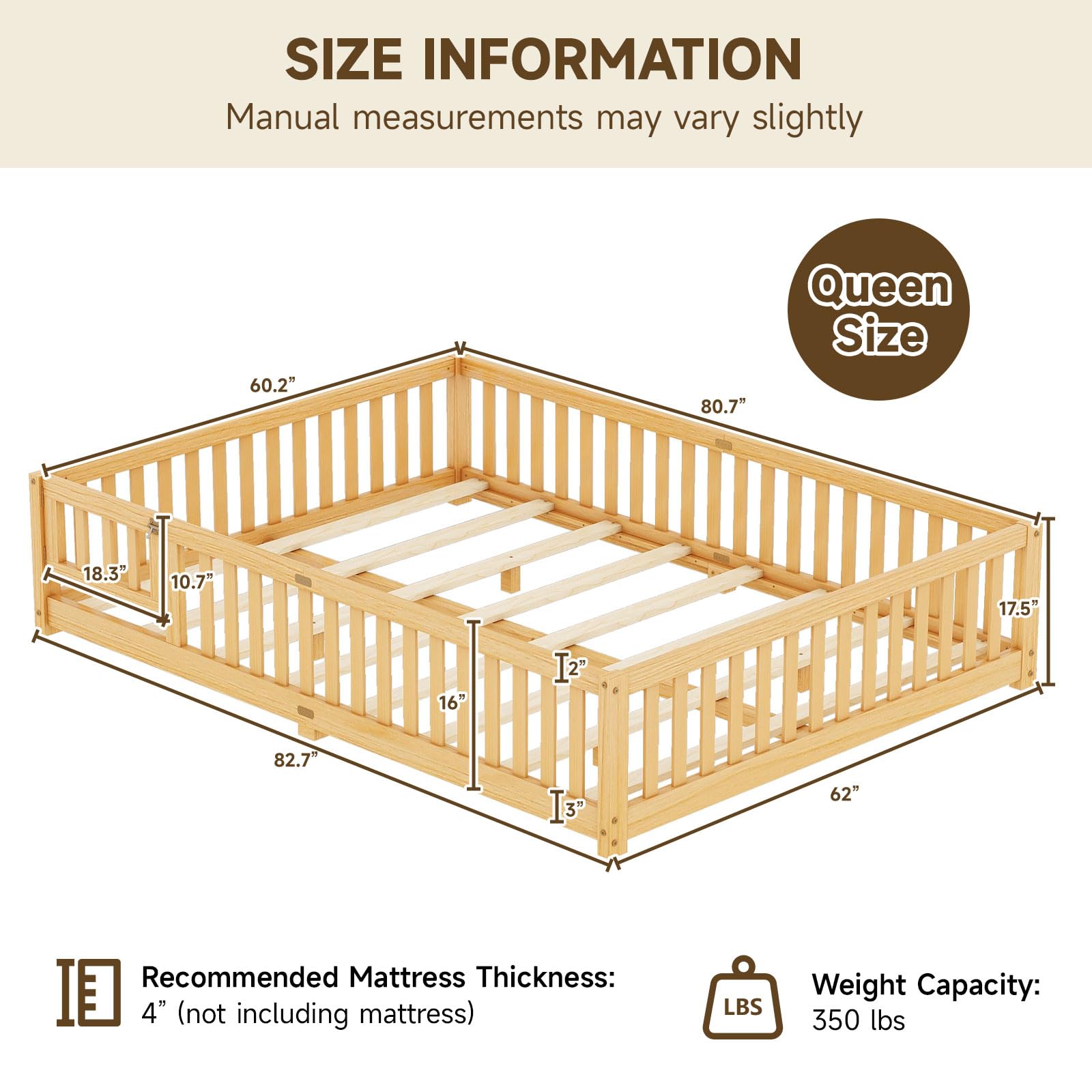 Queen Montessori Floor Bed with Rails and Door