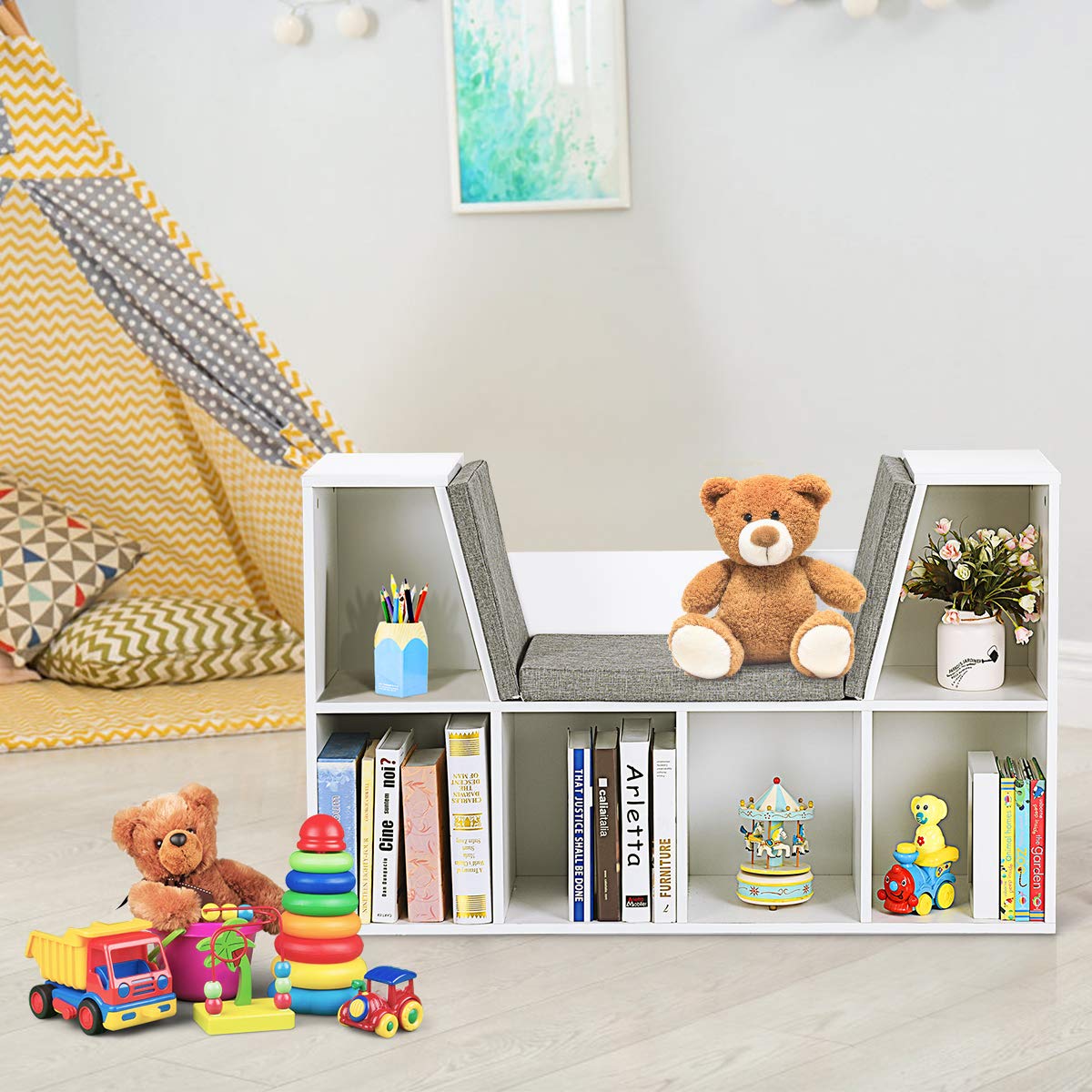 Kids Bookshelf with Reading Nook, 6 Cubby Bookcase