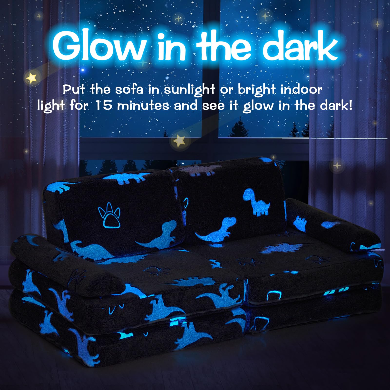 Modular Kids Play Couch with Glow-in-Dark Dinosaur Design