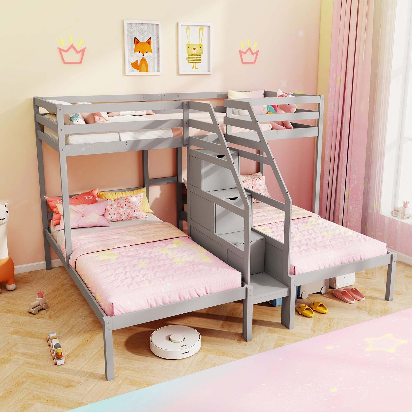 Twin Over Twin & Twin Bunk Bed, Triple Bunk Beds with 4-Step Storage Stair