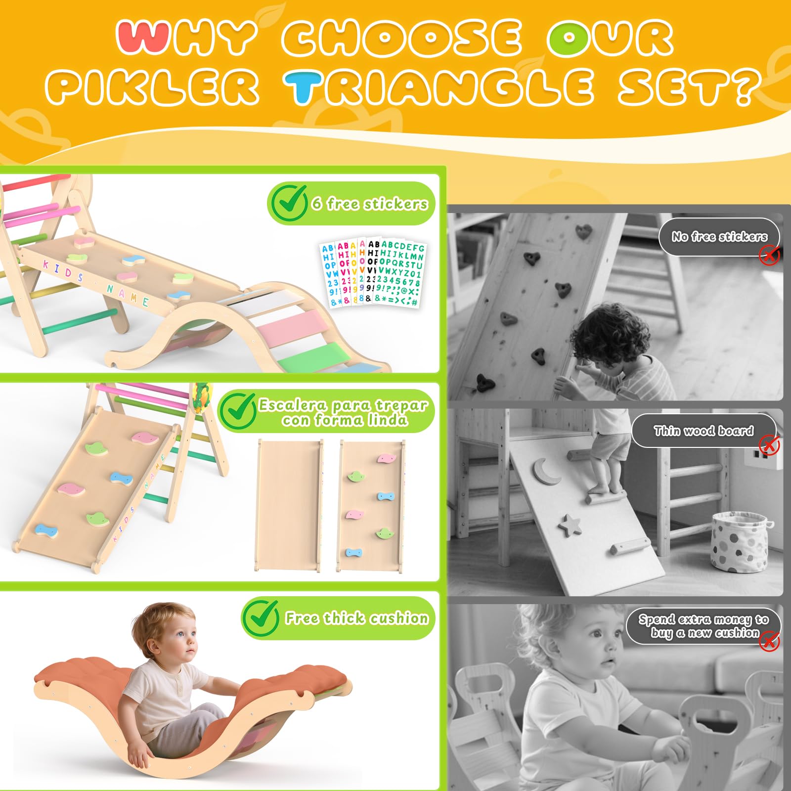 Dinosaur Pikler Triangle Climbing Set with Arch Ramp and Cushion