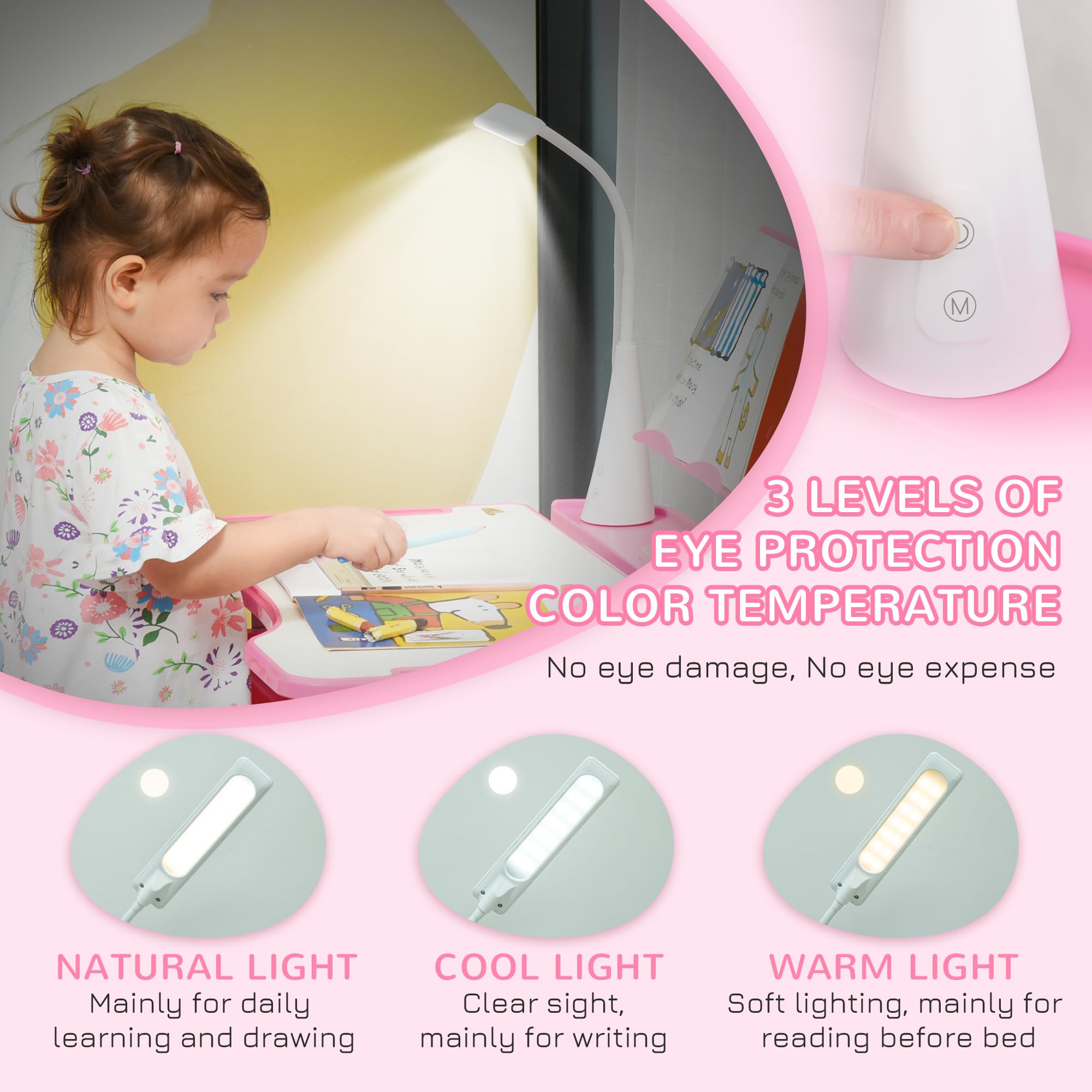 Height Adjustable Kids Desk and Chair Set with LED Lamp