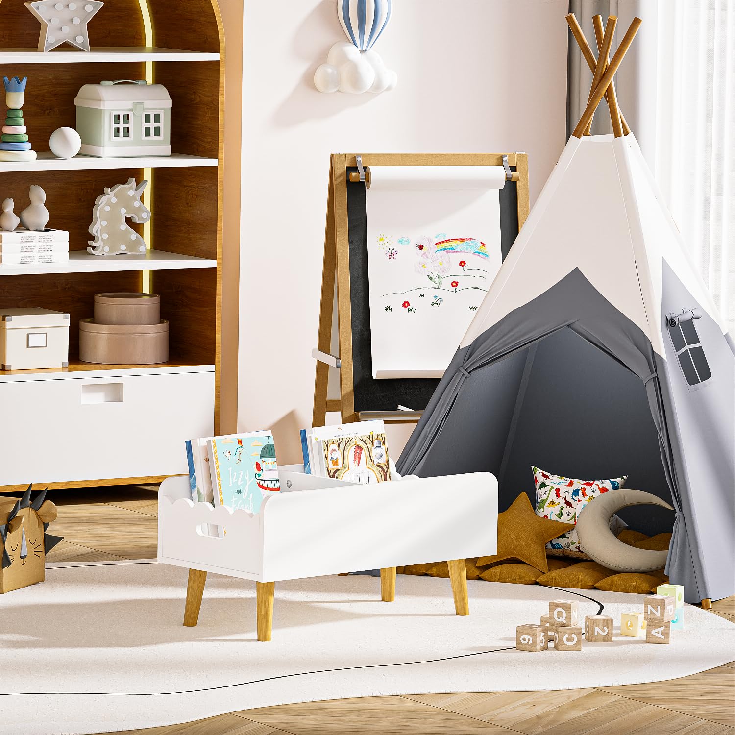 Montessori Kids Bookshelf with Toy Storage and Dividers