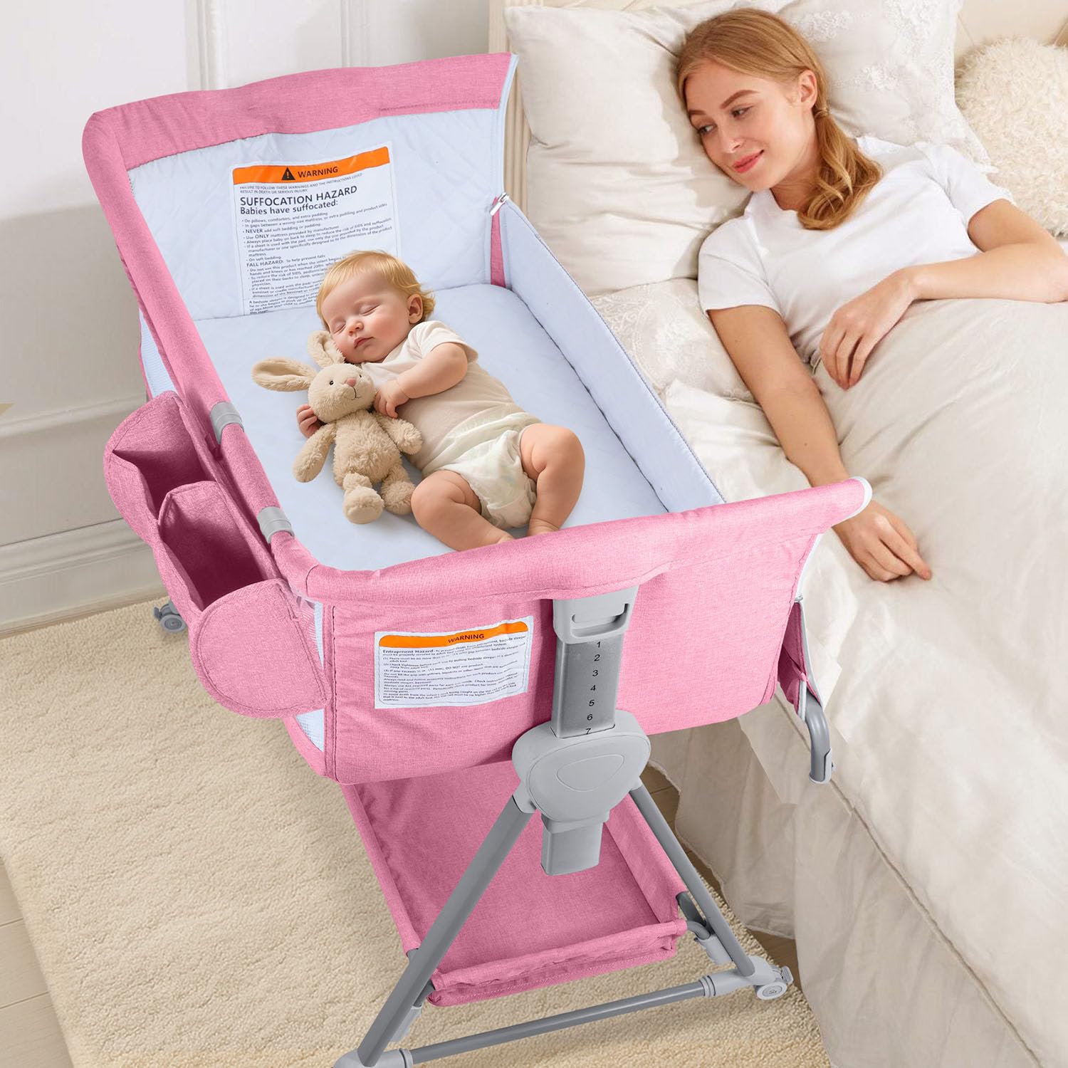 7-Height Adjustable Bedside Bassinet with Wheels and Storage