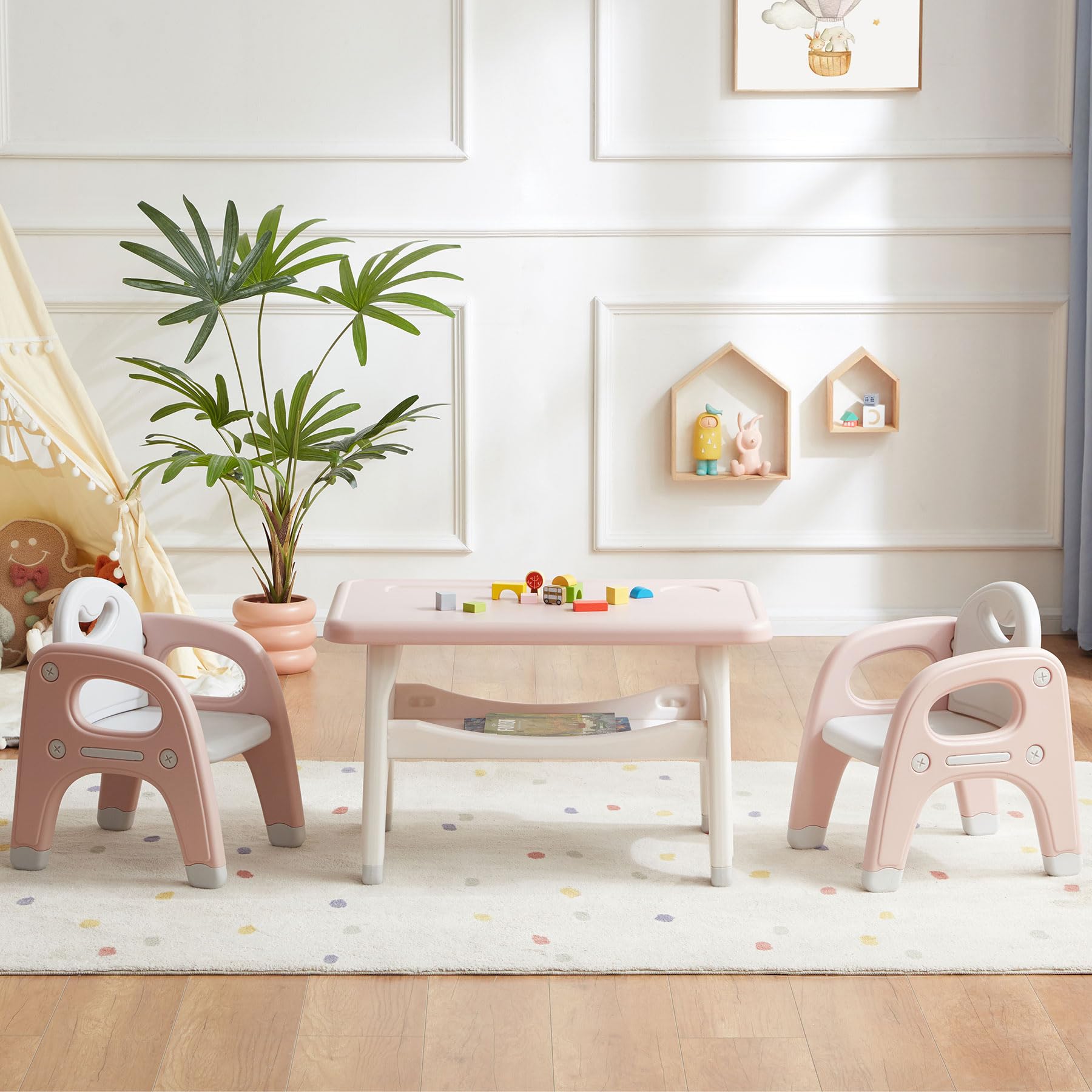 Kids Table and 2 Chairs Set, Large Built-in Storage, Montessori Toddlers