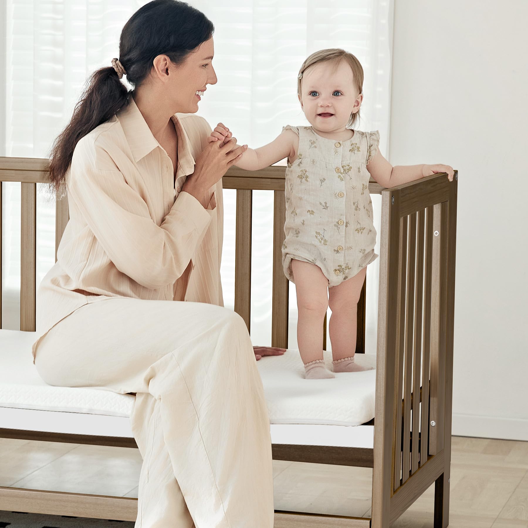 11-in-1 Convertible Baby Crib with Wheels and Adjustable Mattress Height