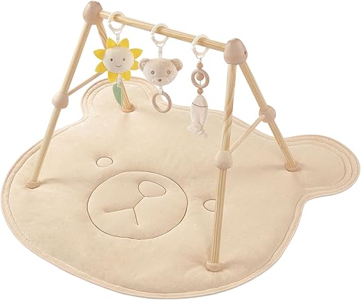 4-in-1 Wooden Baby Play Gym & Activity Mat, Soft Cotton Tummy Time Mat