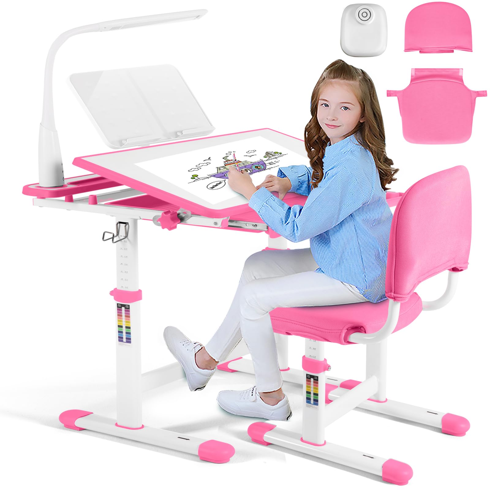 Kids Study Table and Chair Set,Adjustable Girls School Writing Study