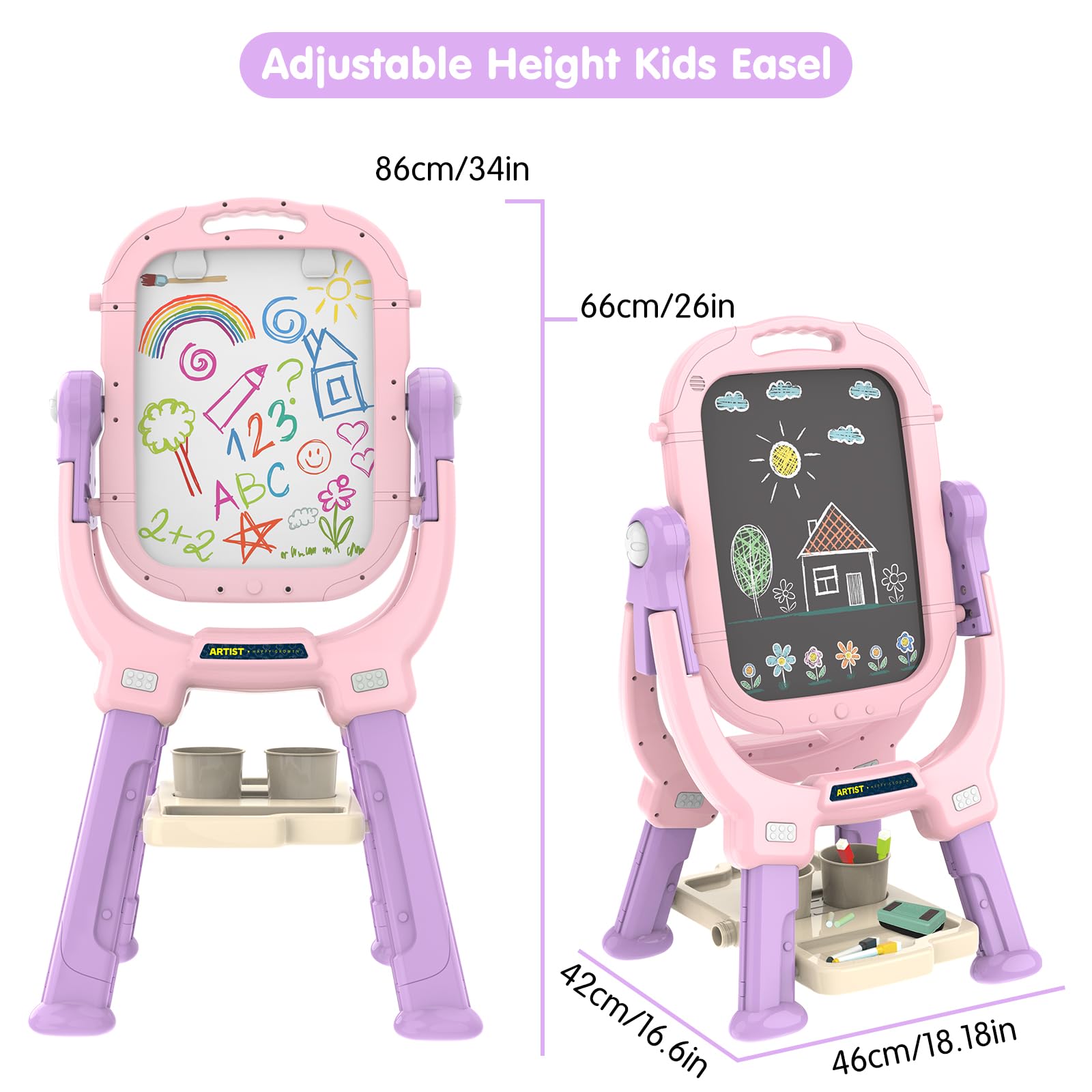 PUPPSITTY Easel for Kids, Adjustable Standing Rotatable Double Sided Toddlers Art Easel with Painting Accessories, Drawing Board Gift for Boys and Girls, Pink