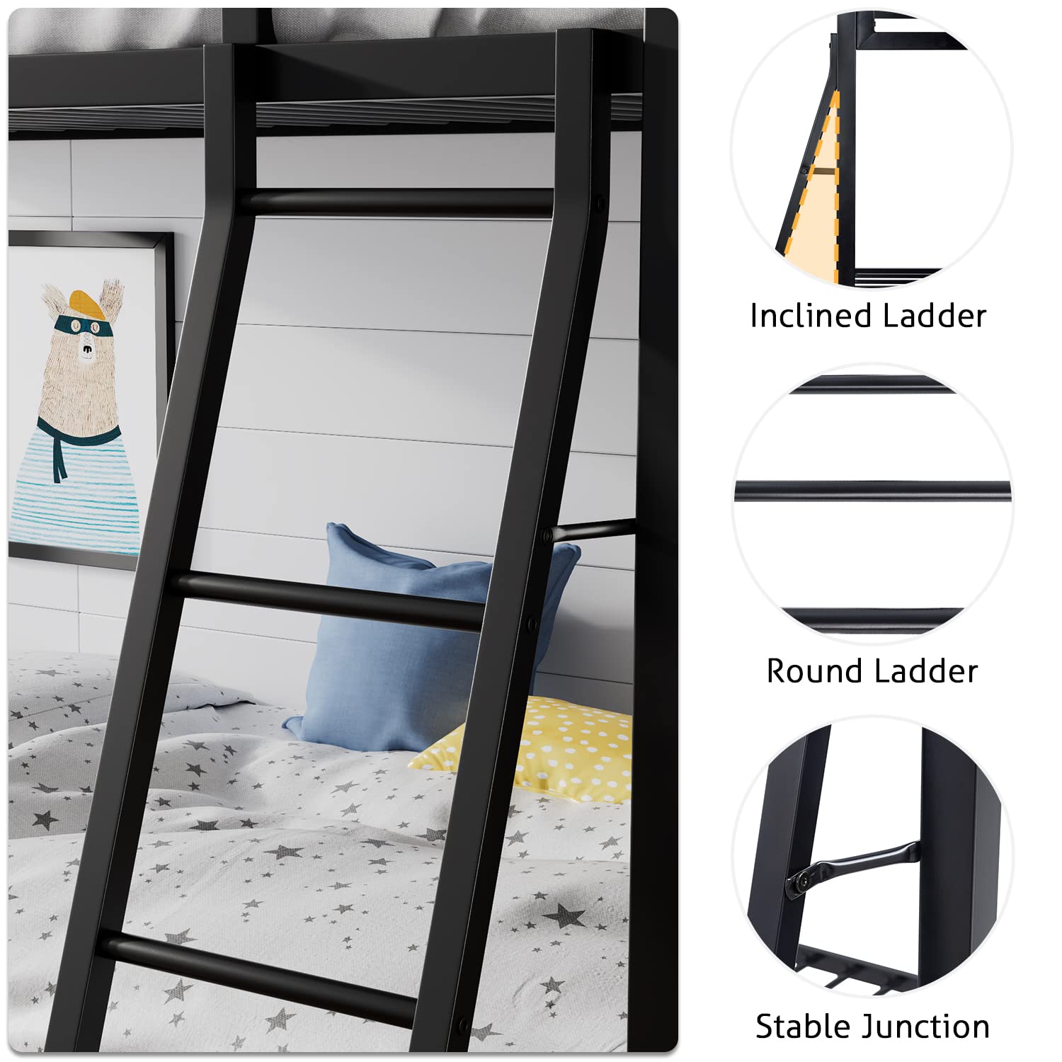Twin Over Twin Metal Bunk Bed with Ladder and Guardrail