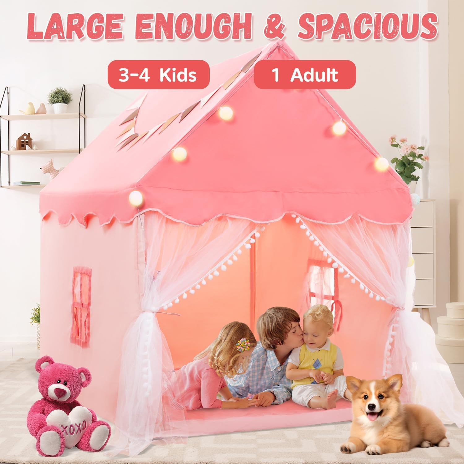 Kids Play Tent with Star Lights and Padded Mat - Light Pink