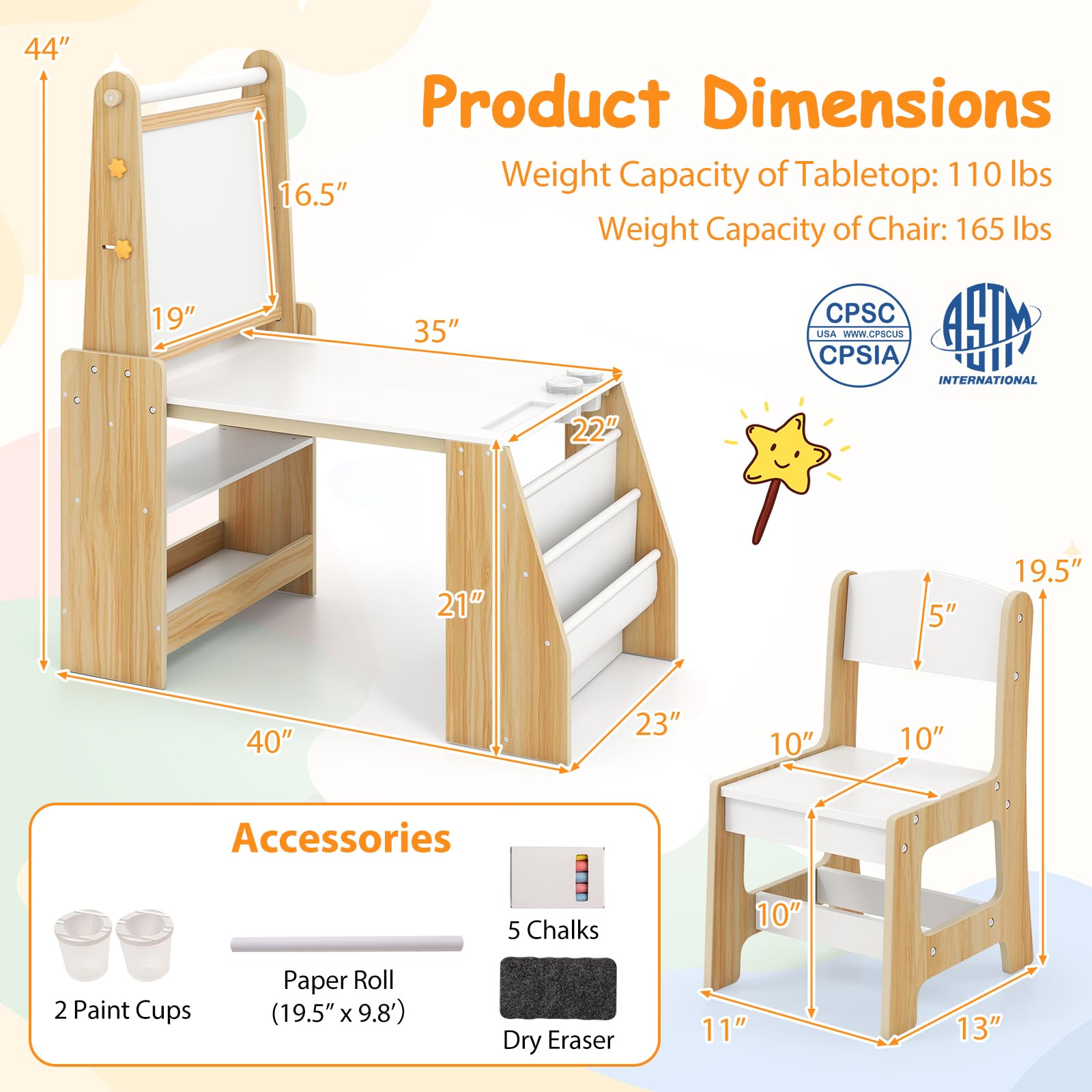 Kids Art Table and Chair Set with Easel - 4-in-1 Wooden Activity Desk
